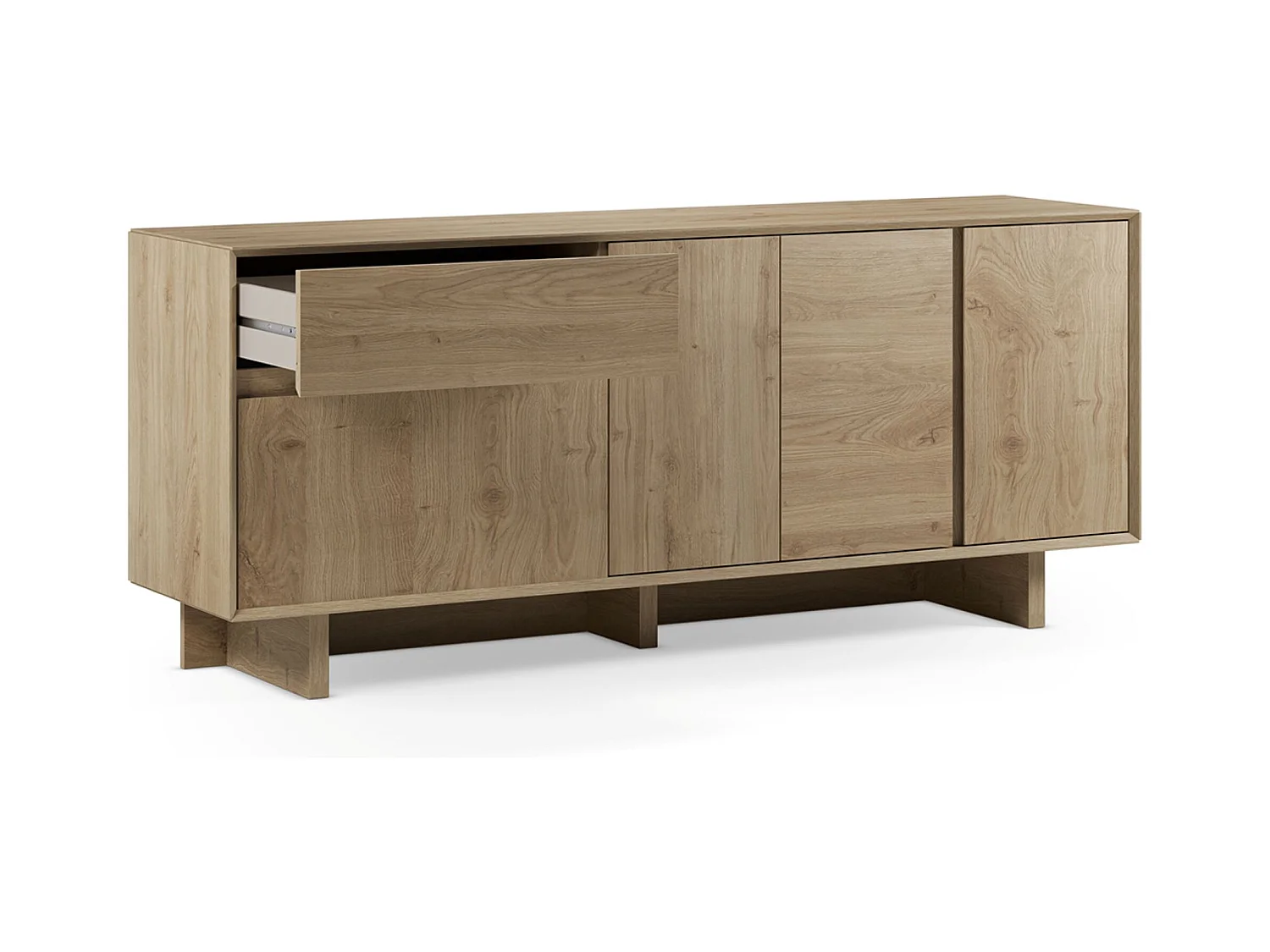 Buffet, commode rectangulaire avec 4 portes et 1 tiroir aspect bois coloris chêne - Longueur 180 x Profondeur 45 x Hauteur 76,5 cm