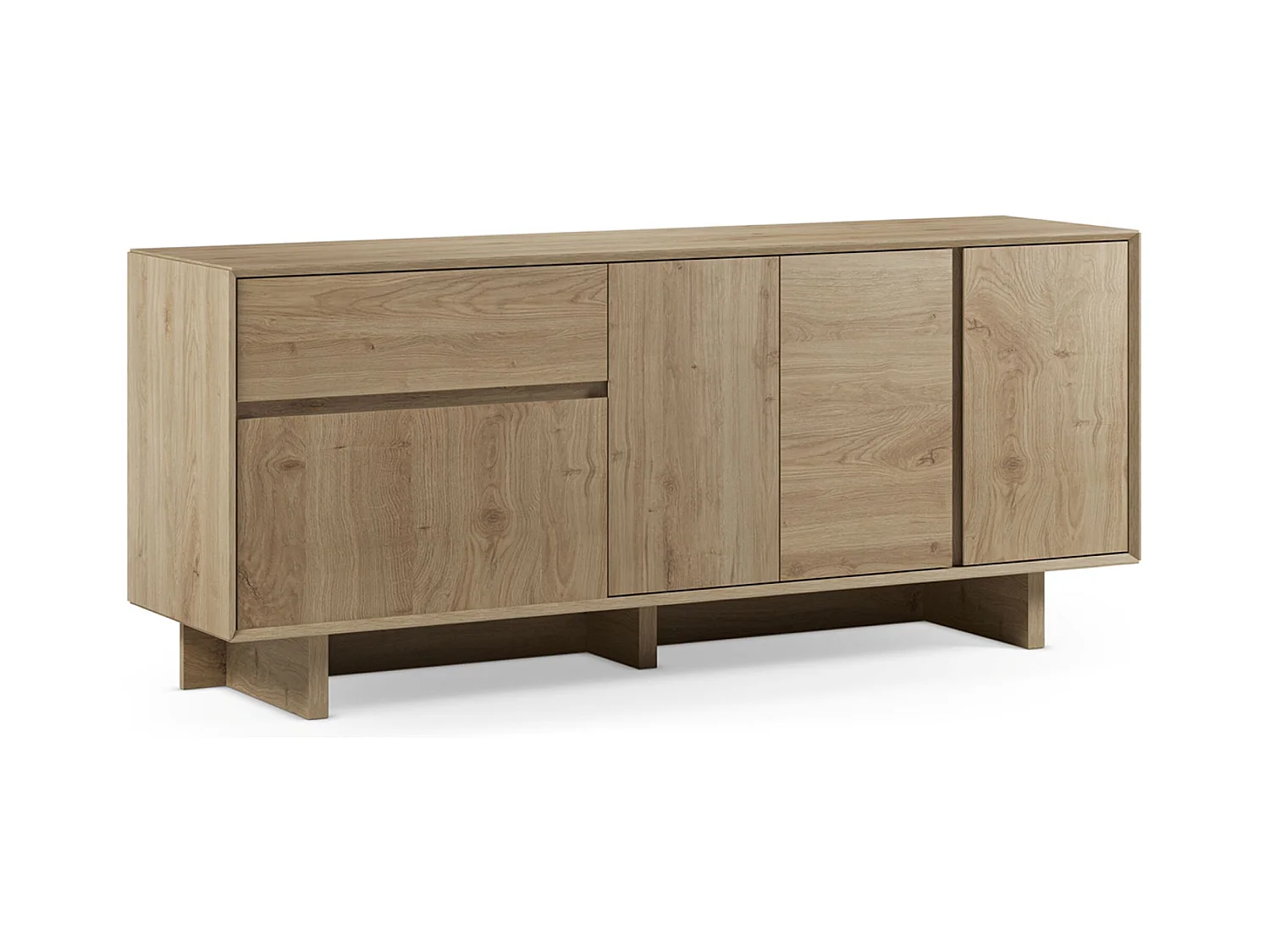 Buffet, commode rectangulaire avec 4 portes et 1 tiroir aspect bois coloris chêne - Longueur 180 x Profondeur 45 x Hauteur 76,5 cm