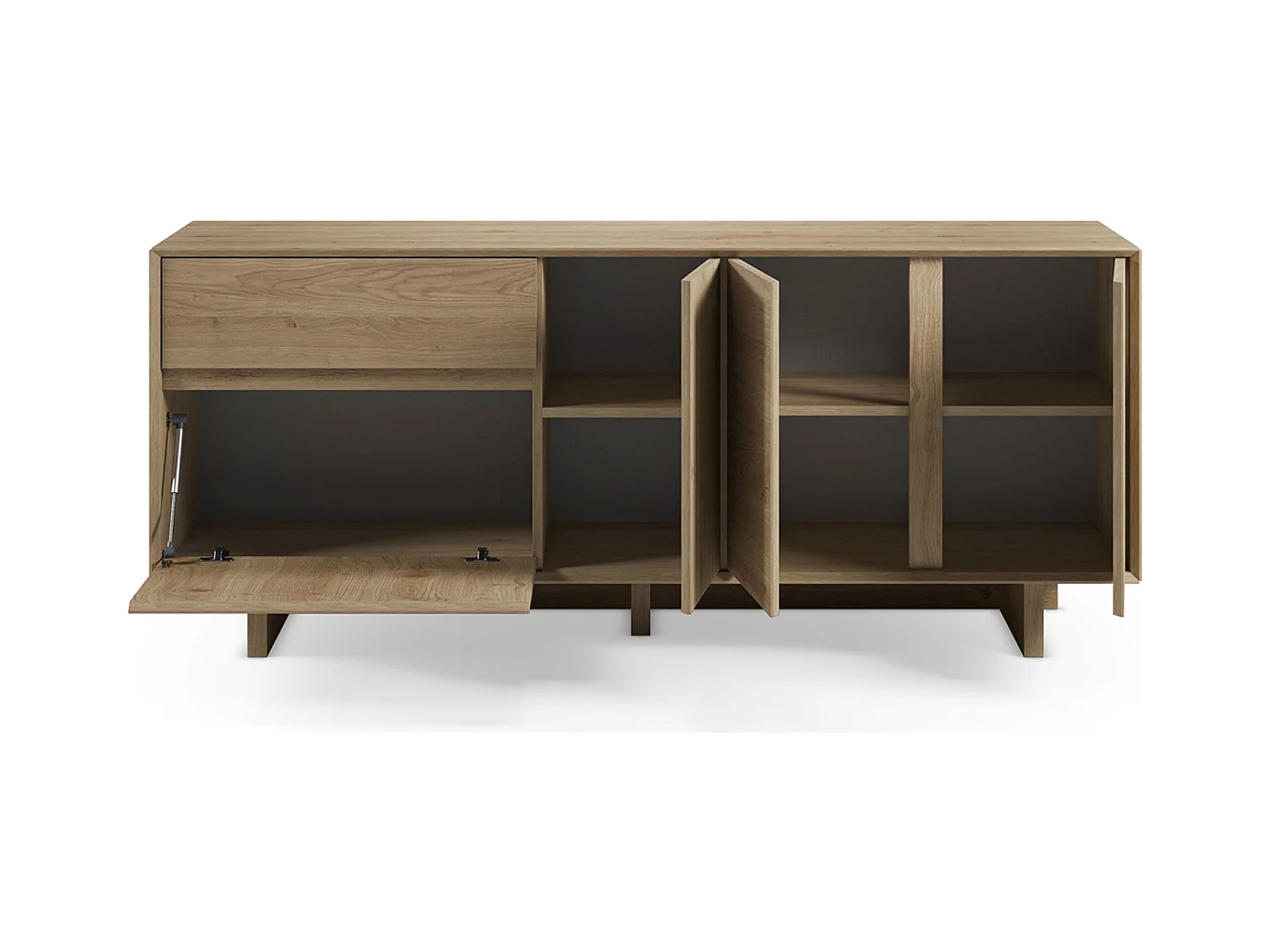 Buffet, commode rectangulaire avec 4 portes et 1 tiroir aspect bois coloris chêne - Longueur 180 x Profondeur 45 x Hauteur 76,5 cm