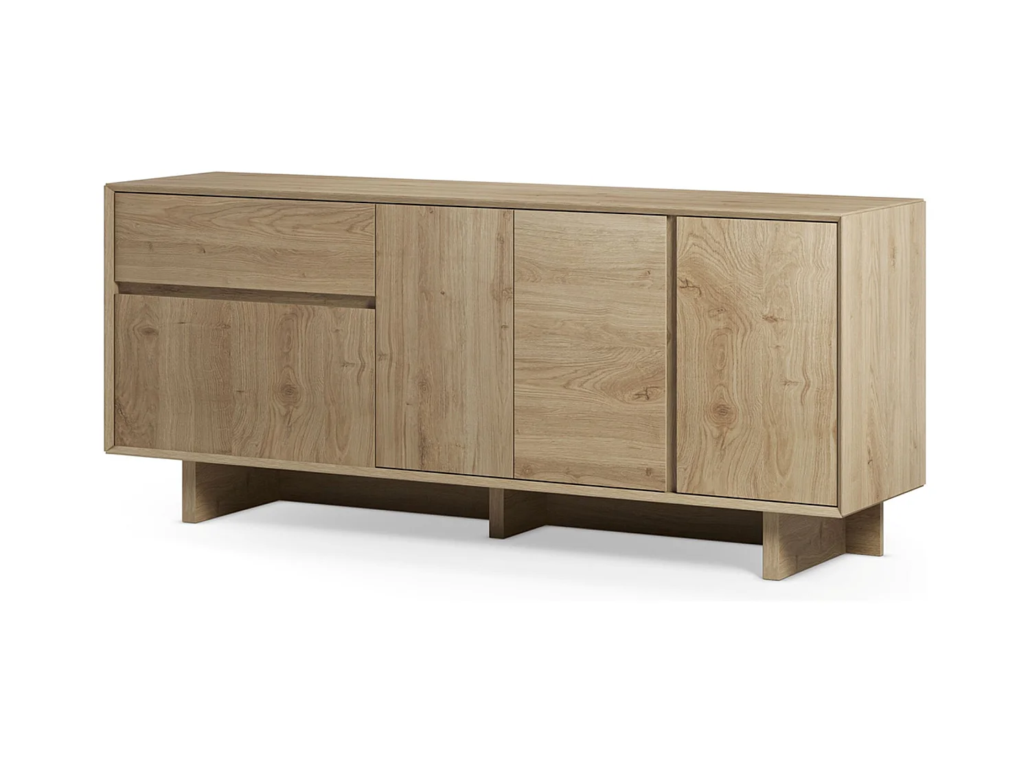 Buffet, commode rectangulaire avec 4 portes et 1 tiroir aspect bois coloris chêne - Longueur 180 x Profondeur 45 x Hauteur 76,5 cm