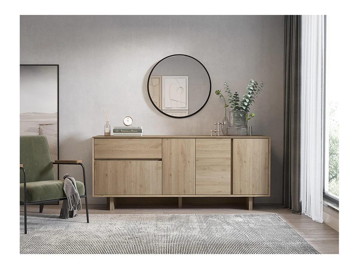 Buffet, commode rectangulaire avec 4 portes et 1 tiroir aspect bois coloris chêne - Longueur 180 x Profondeur 45 x Hauteur 76,5 cm