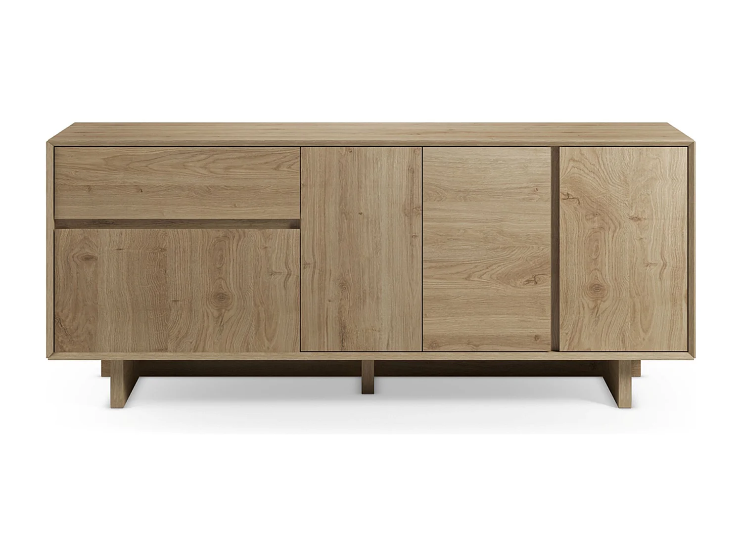 Buffet, commode rectangulaire avec 4 portes et 1 tiroir aspect bois coloris chêne - Longueur 180 x Profondeur 45 x Hauteur 76,5 cm