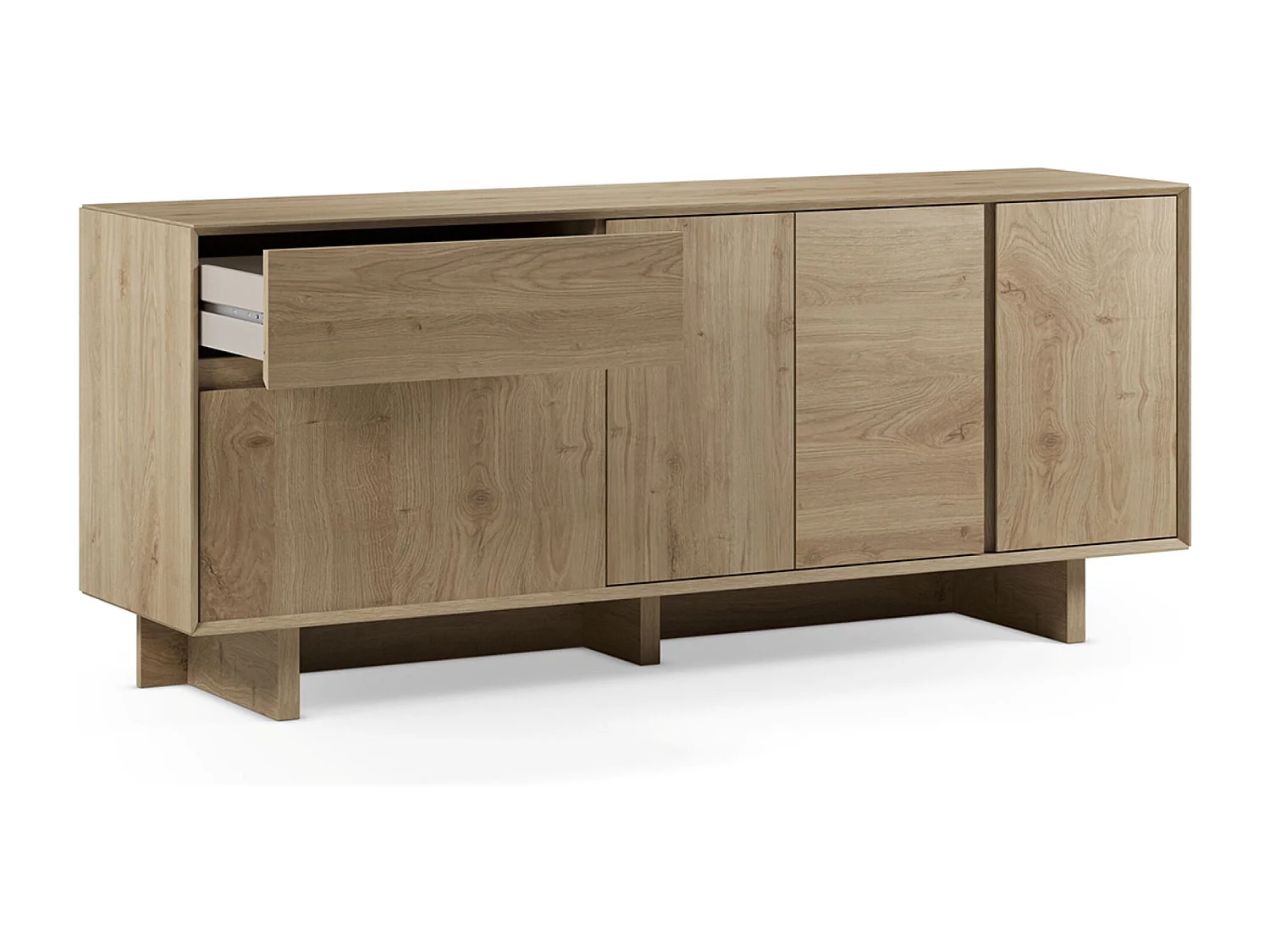 Buffet, commode rectangulaire avec 4 portes et 1 tiroir aspect bois coloris chêne - Longueur 180 x Profondeur 45 x Hauteur 76,5 cm