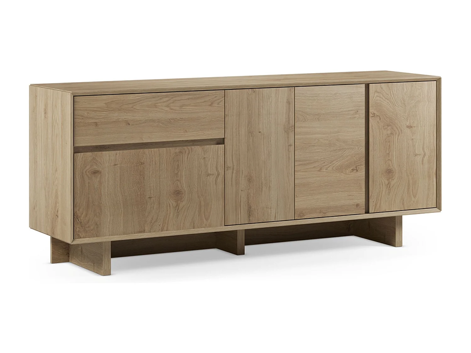 Buffet, commode rectangulaire avec 4 portes et 1 tiroir aspect bois coloris chêne - Longueur 180 x Profondeur 45 x Hauteur 76,5 cm