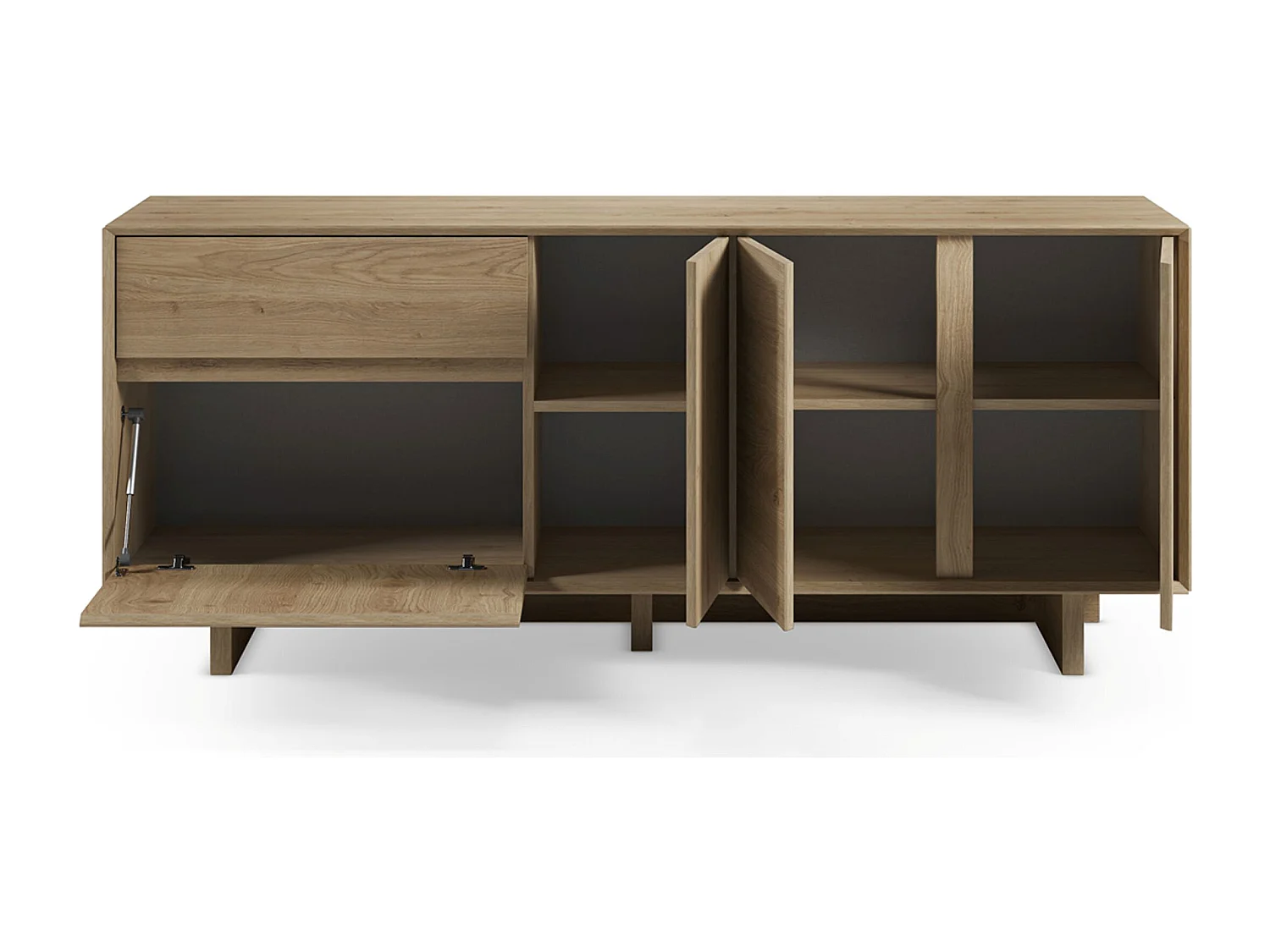 Buffet, commode rectangulaire avec 4 portes et 1 tiroir aspect bois coloris chêne - Longueur 180 x Profondeur 45 x Hauteur 76,5 cm