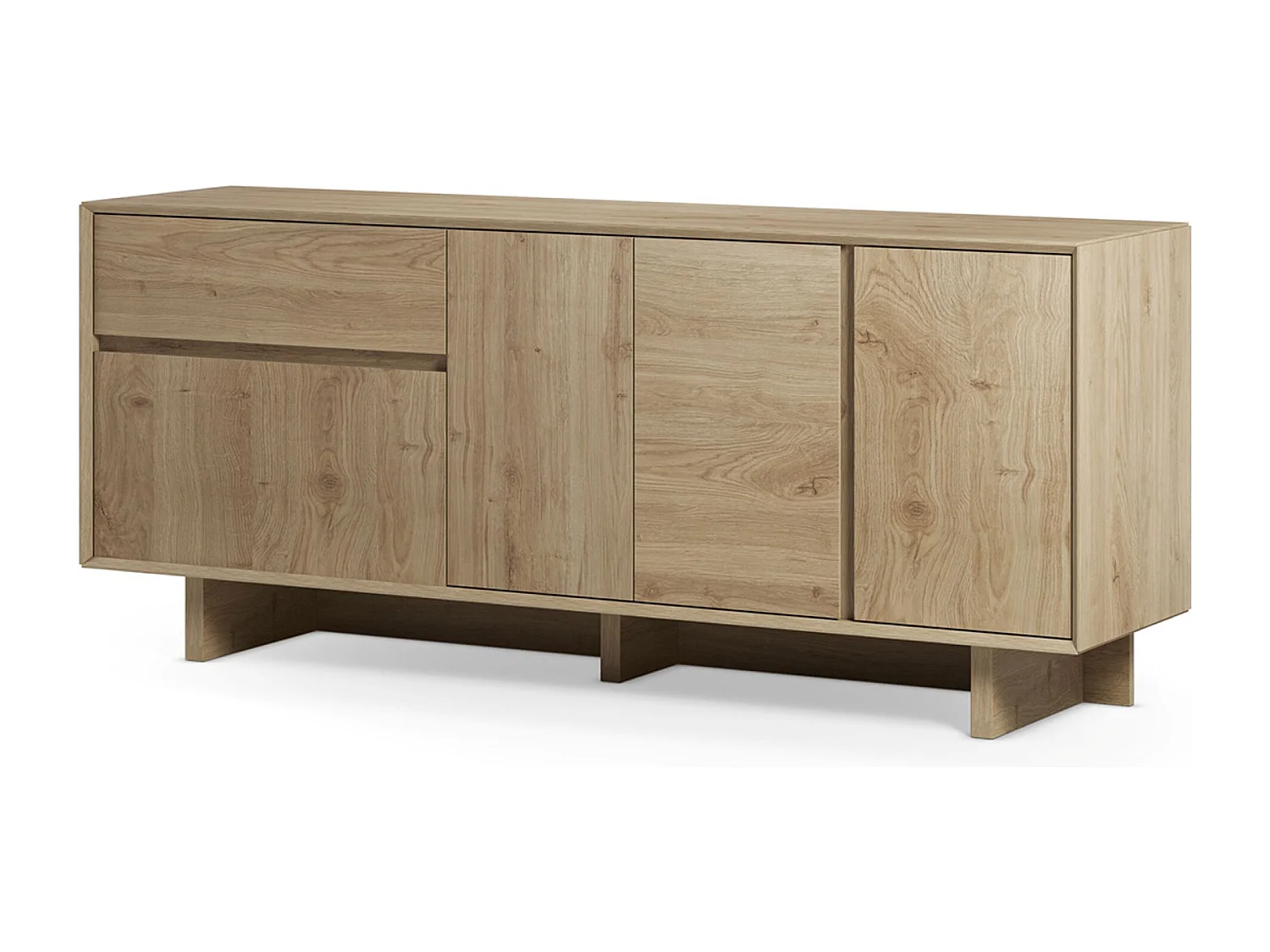 Buffet, commode rectangulaire avec 4 portes et 1 tiroir aspect bois coloris chêne - Longueur 180 x Profondeur 45 x Hauteur 76,5 cm