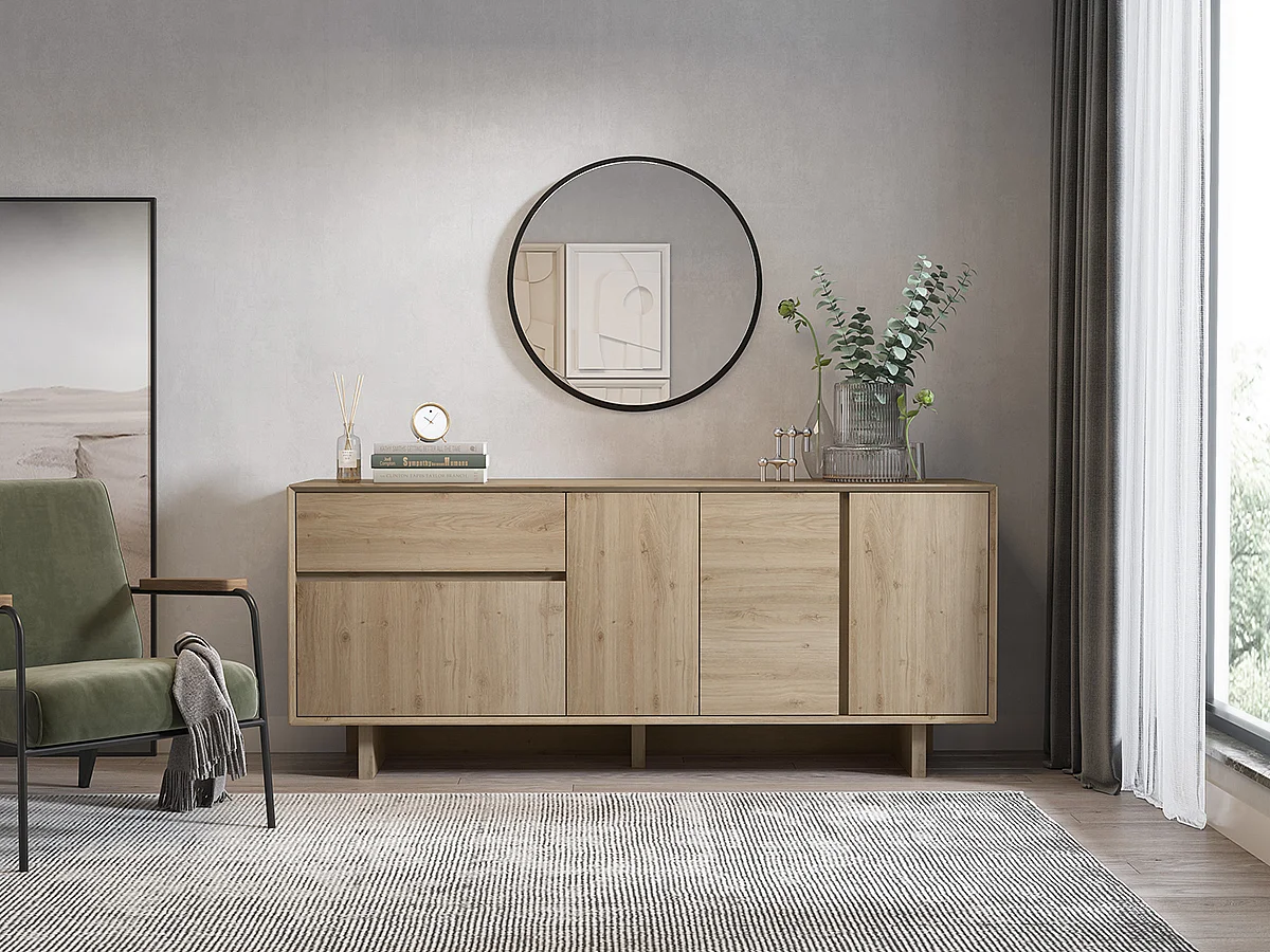 Buffet, commode rectangulaire avec 4 portes et 1 tiroir aspect bois coloris chêne - Longueur 180 x Profondeur 45 x Hauteur 76,5 cm