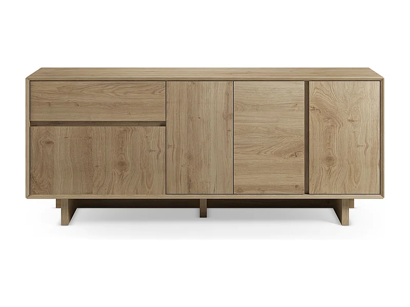 Buffet, commode rectangulaire avec 4 portes et 1 tiroir aspect bois coloris chêne - Longueur 180 x Profondeur 45 x Hauteur 76,5 cm