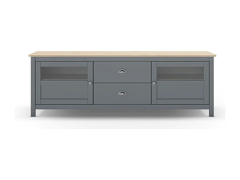 Buffet, commode de rangement avec 2 tiroirs et 2 portes en pin coloris Vert kaki, chêne  - Longueur 180 x Profondeur 40 x Hauteur 59,30 cm