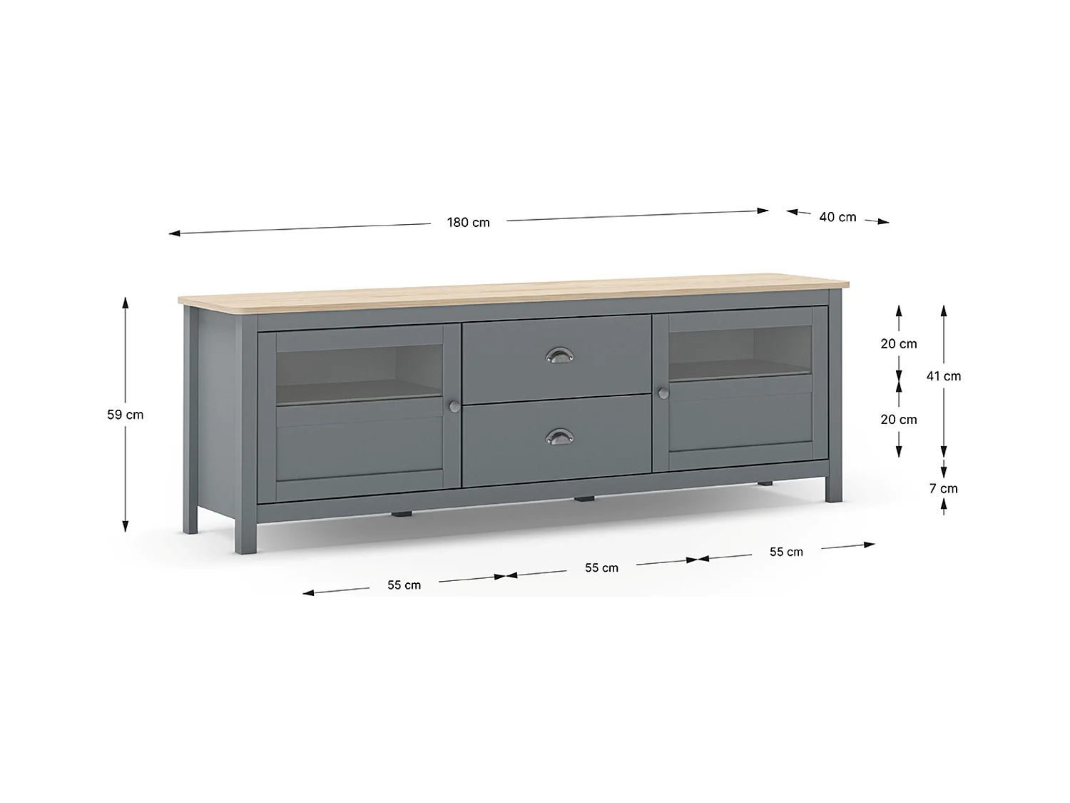 Buffet, commode de rangement avec 2 tiroirs et 2 portes en pin coloris Vert kaki, chêne  - Longueur 180 x Profondeur 40 x Hauteur 59,30 cm