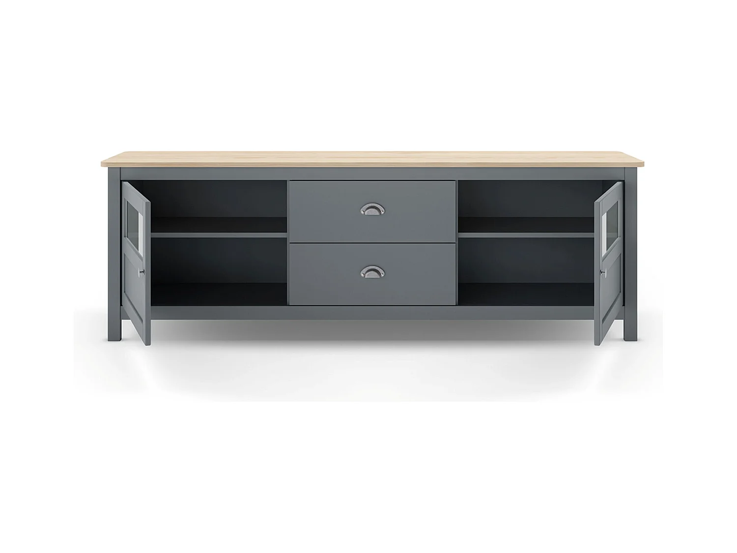 Buffet, commode de rangement avec 2 tiroirs et 2 portes en pin coloris Vert kaki, chêne  - Longueur 180 x Profondeur 40 x Hauteur 59,30 cm