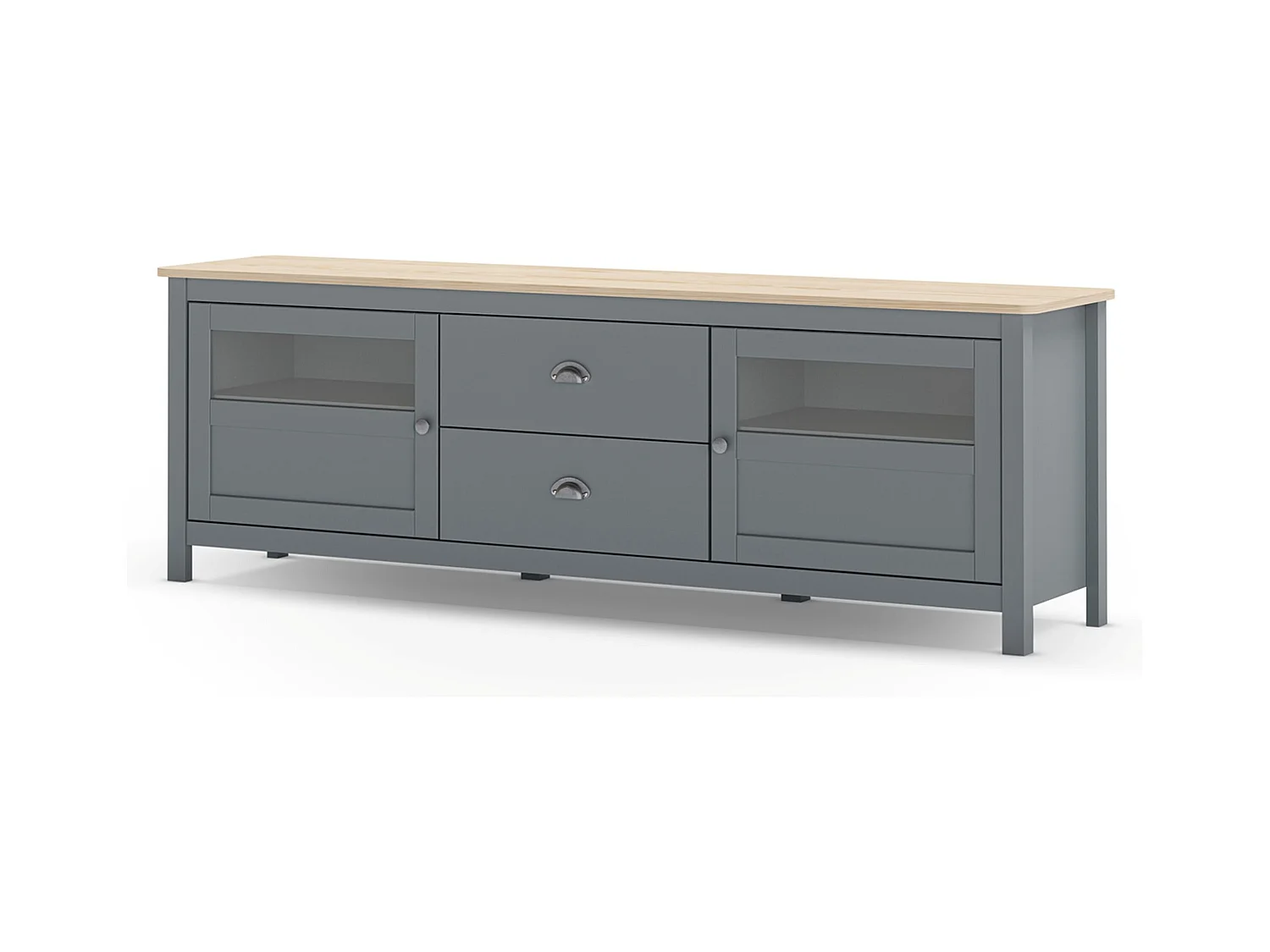 Buffet, commode de rangement avec 2 tiroirs et 2 portes en pin coloris Vert kaki, chêne  - Longueur 180 x Profondeur 40 x Hauteur 59,30 cm