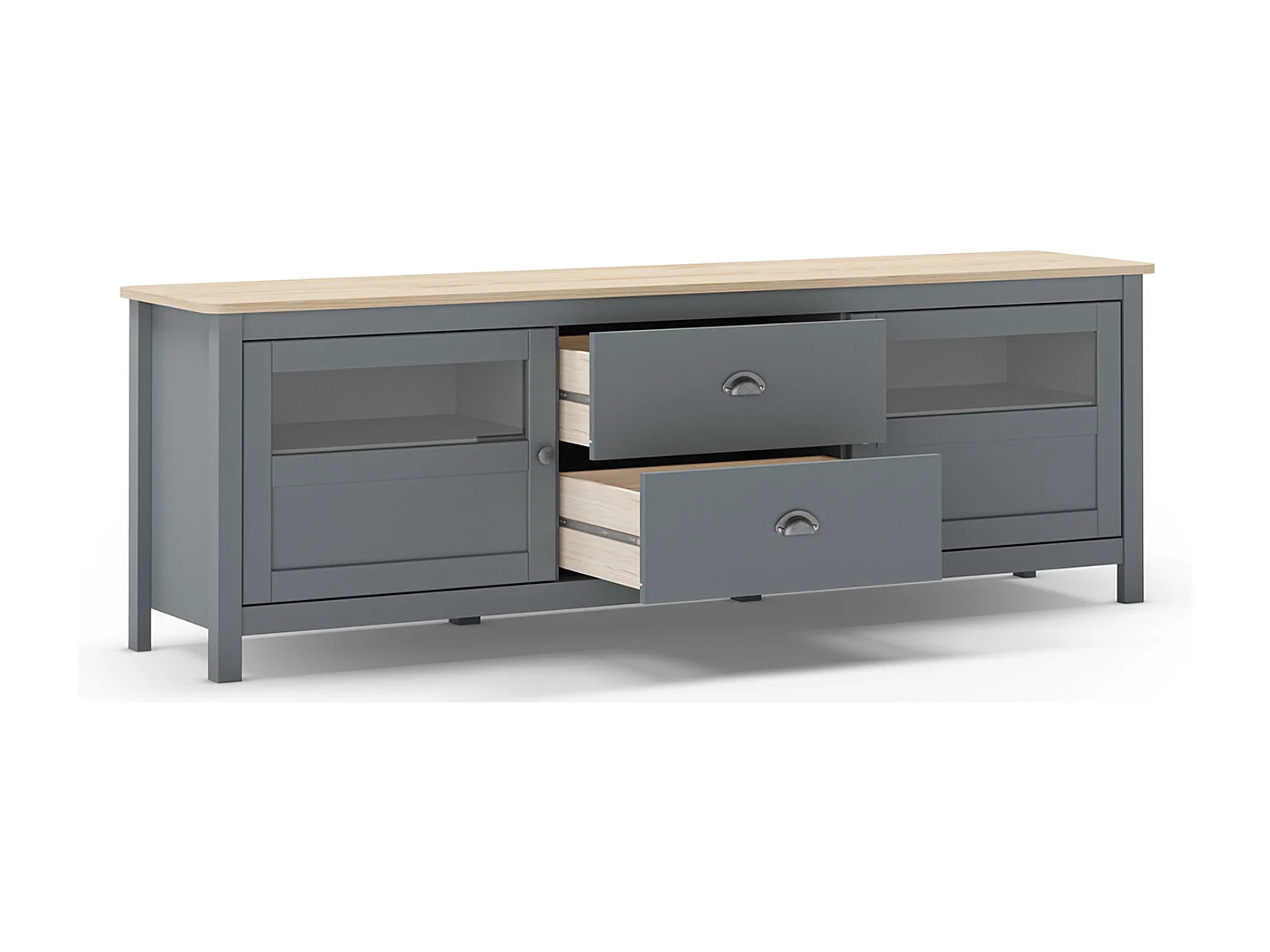 Buffet, commode de rangement avec 2 tiroirs et 2 portes en pin coloris Vert kaki, chêne  - Longueur 180 x Profondeur 40 x Hauteur 59,30 cm