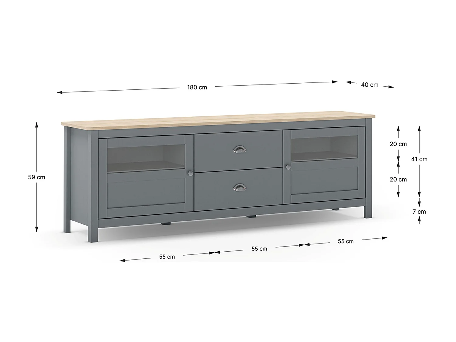 Buffet, commode de rangement avec 2 tiroirs et 2 portes en pin coloris Vert kaki, chêne  - Longueur 180 x Profondeur 40 x Hauteur 59,30 cm