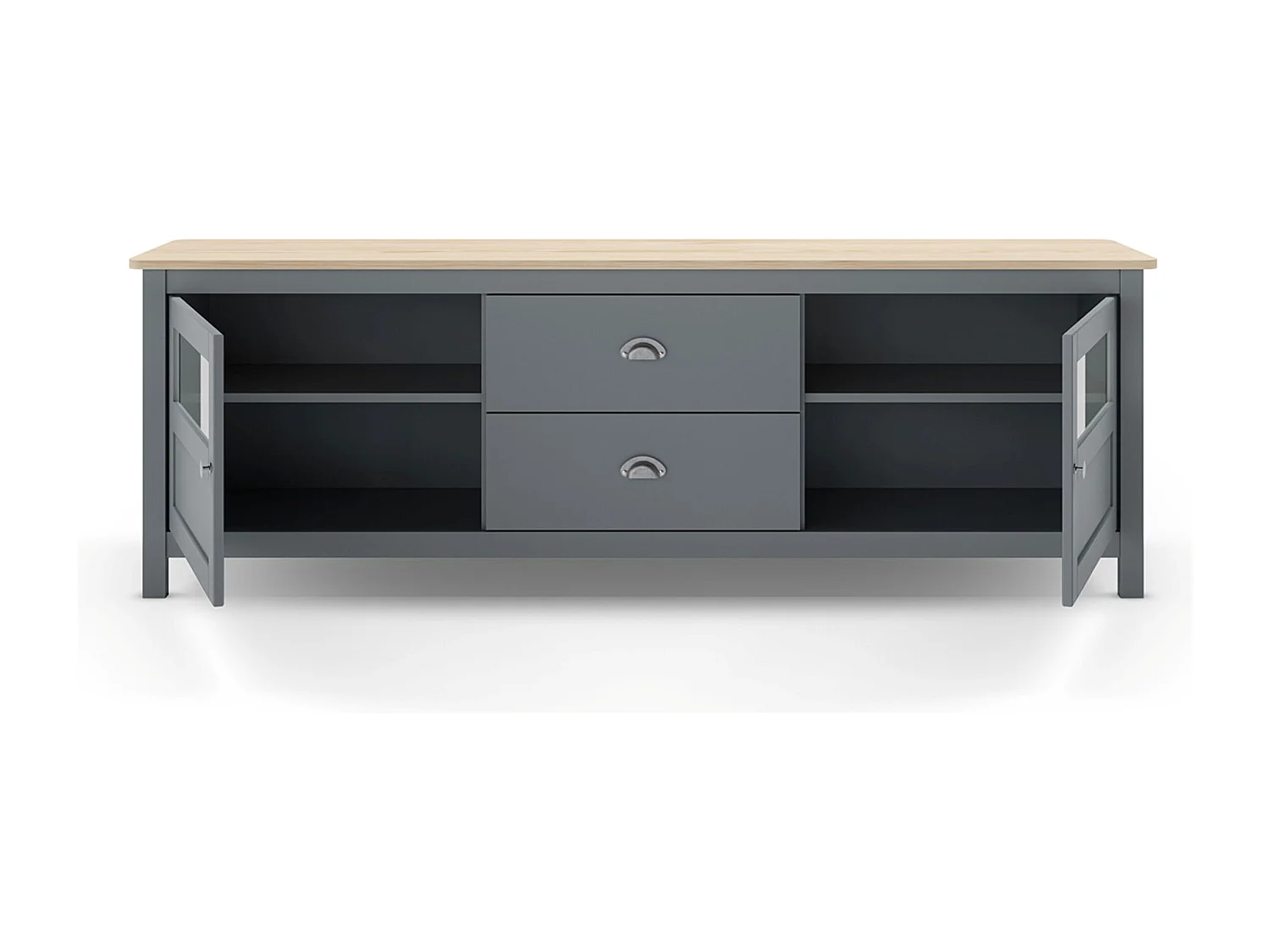 Buffet, commode de rangement avec 2 tiroirs et 2 portes en pin coloris Vert kaki, chêne  - Longueur 180 x Profondeur 40 x Hauteur 59,30 cm