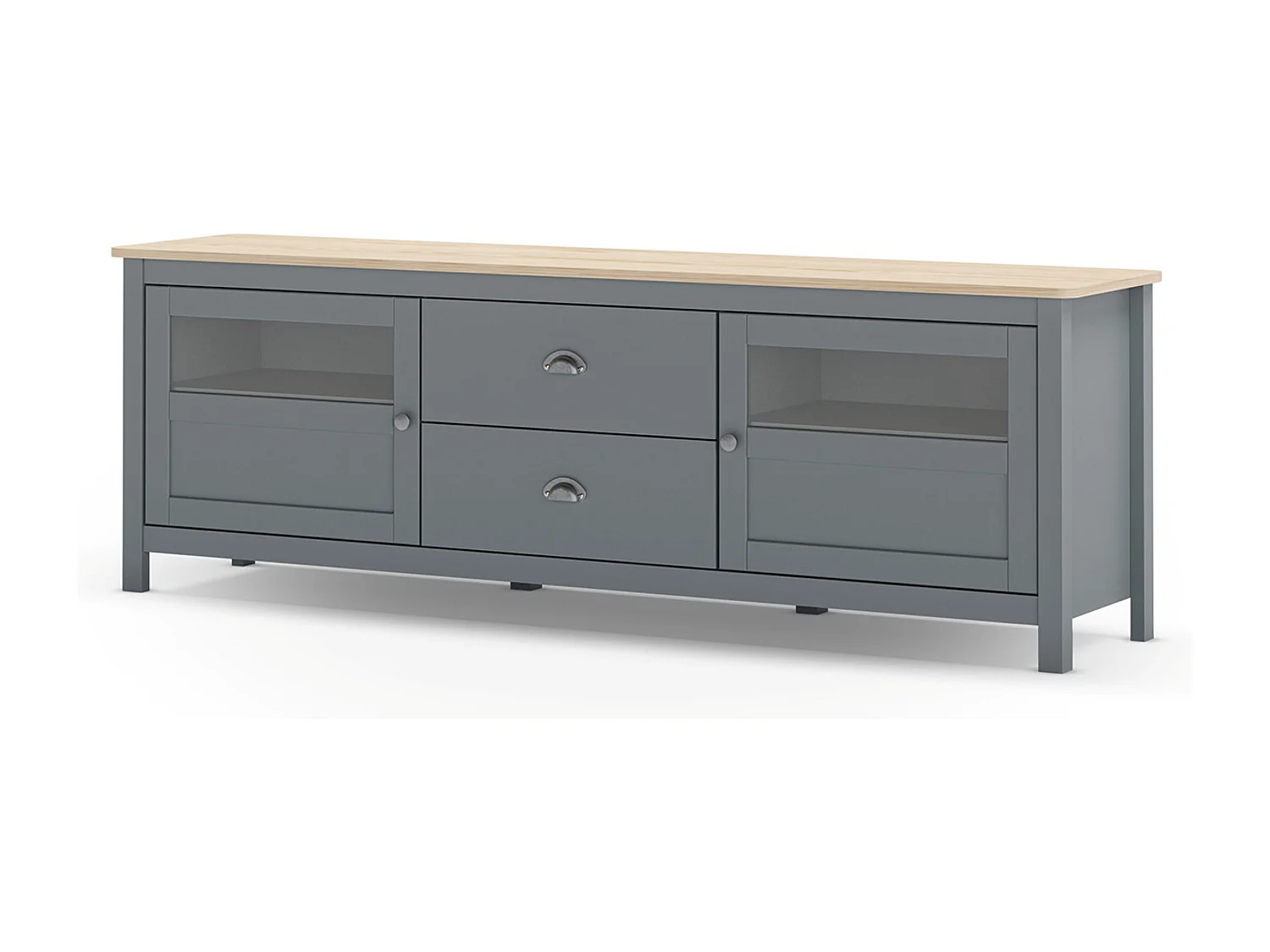 Buffet, commode de rangement avec 2 tiroirs et 2 portes en pin coloris Vert kaki, chêne  - Longueur 180 x Profondeur 40 x Hauteur 59,30 cm