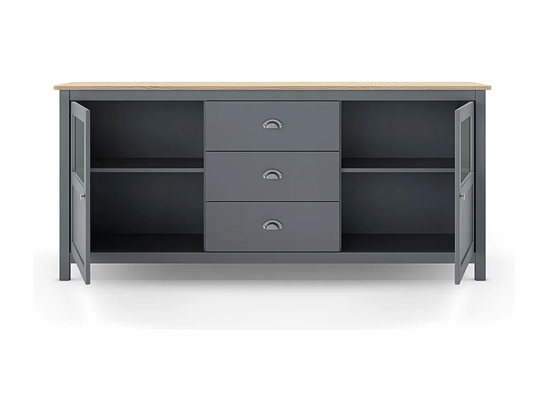 Buffet, commode de rangement avec 3 tiroirs et 2 portes en pin coloris Vert kaki, chêne - Longueur 180 x Profondeur 40 x Hauteur 80 cm