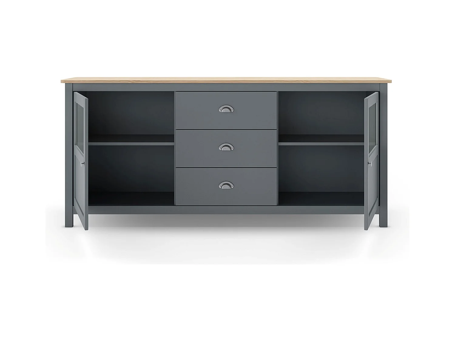 Buffet, commode de rangement avec 3 tiroirs et 2 portes en pin coloris Vert kaki, chêne - Longueur 180 x Profondeur 40 x Hauteur 80 cm