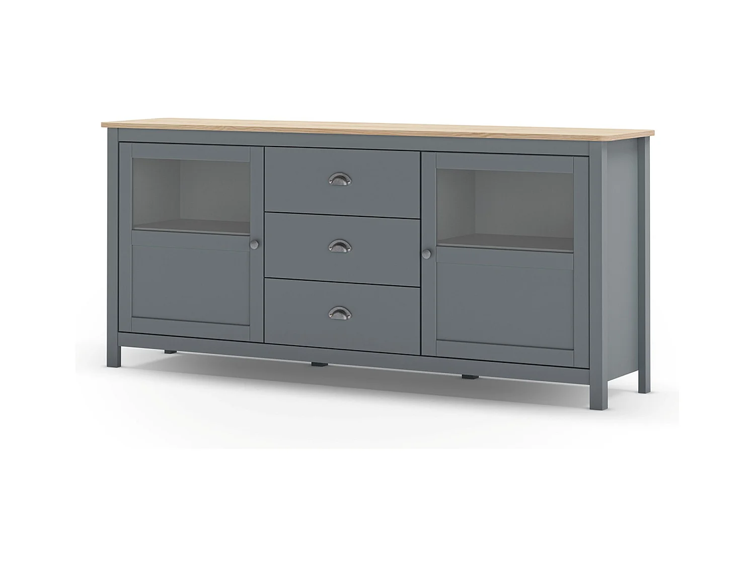 Buffet, commode de rangement avec 3 tiroirs et 2 portes en pin coloris Vert kaki, chêne - Longueur 180 x Profondeur 40 x Hauteur 80 cm