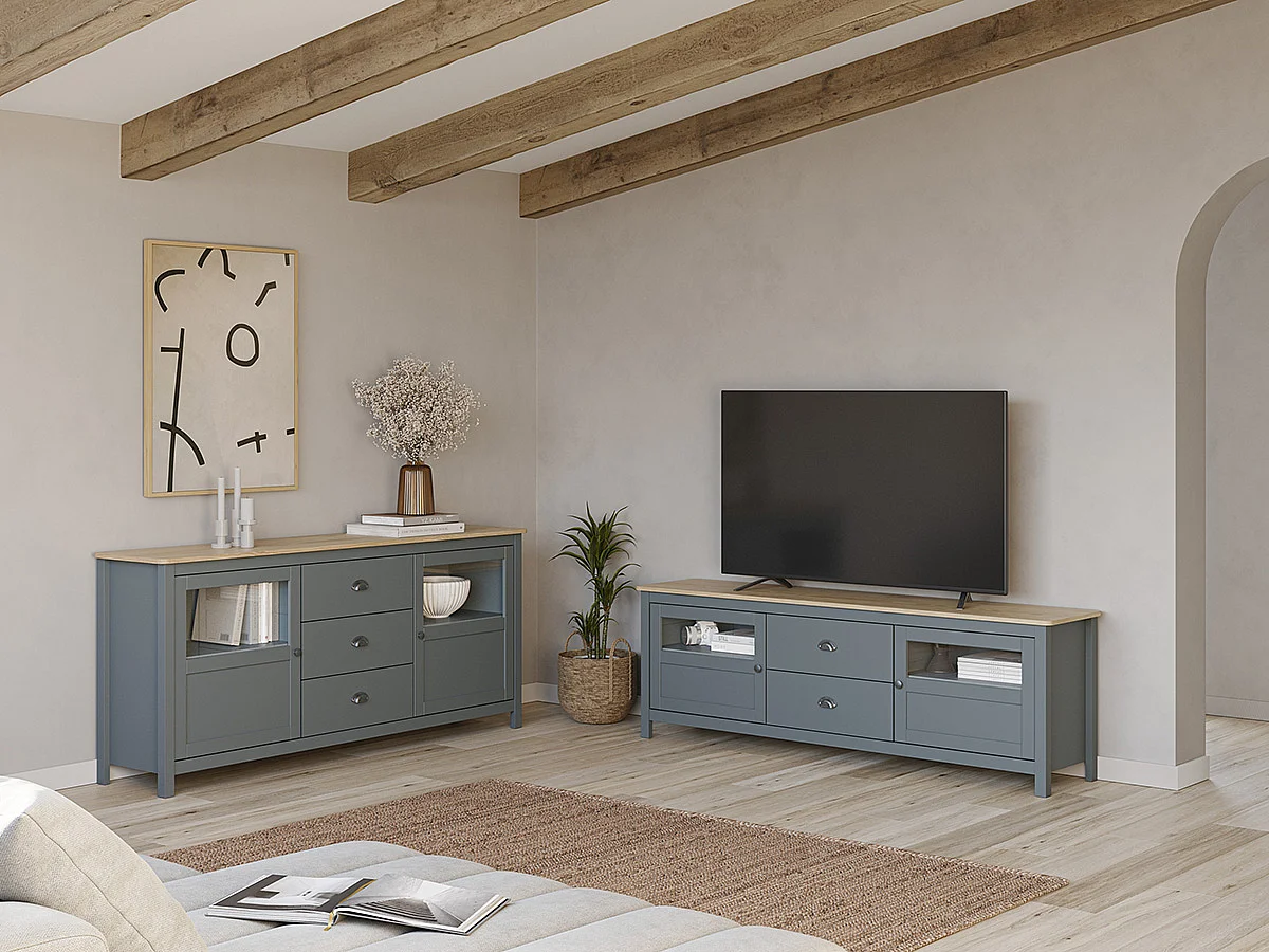 Buffet, commode de rangement avec 3 tiroirs et 2 portes en pin coloris Vert kaki, chêne - Longueur 180 x Profondeur 40 x Hauteur 80 cm