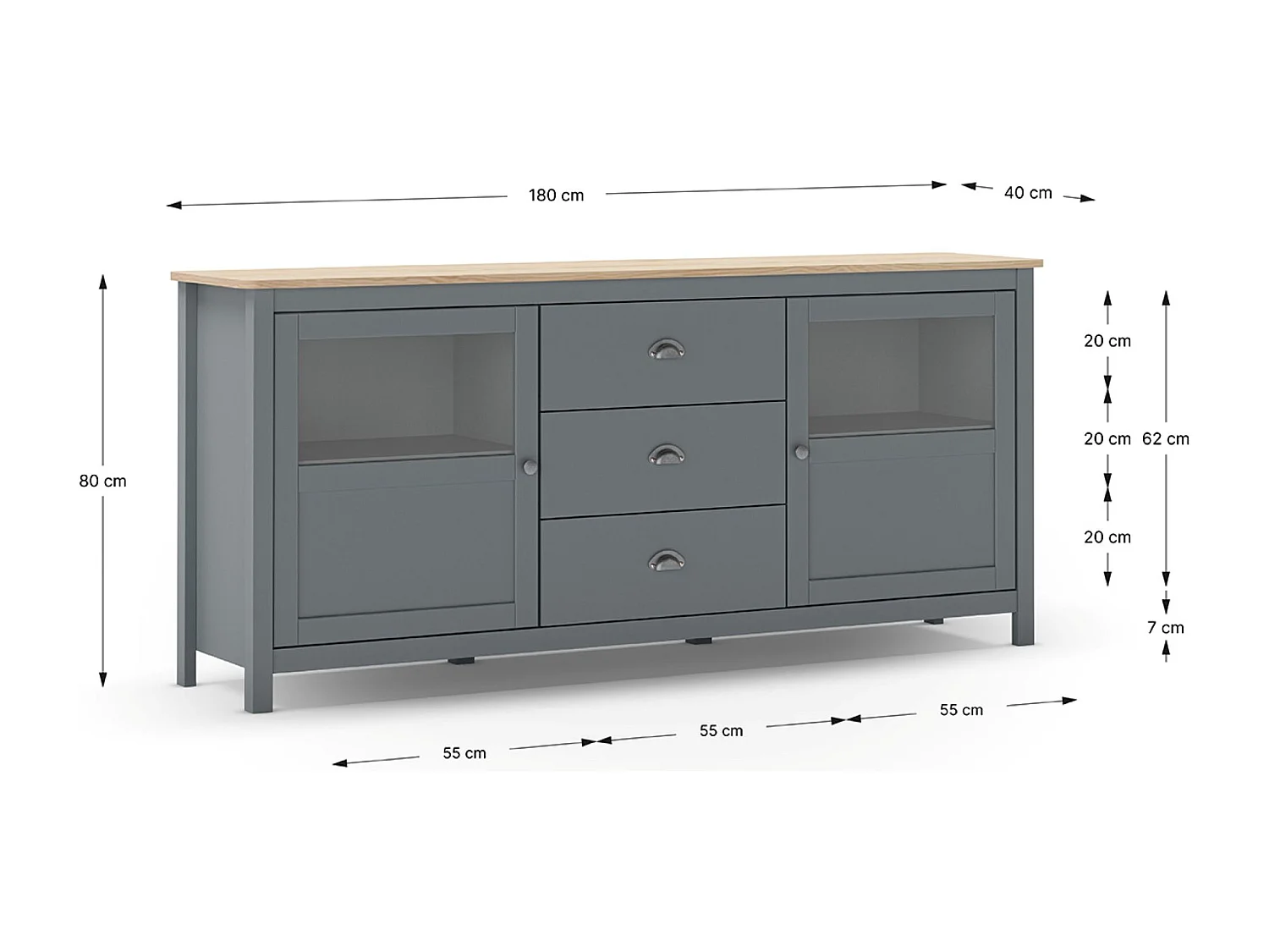 Buffet, commode de rangement avec 3 tiroirs et 2 portes en pin coloris Vert kaki, chêne - Longueur 180 x Profondeur 40 x Hauteur 80 cm