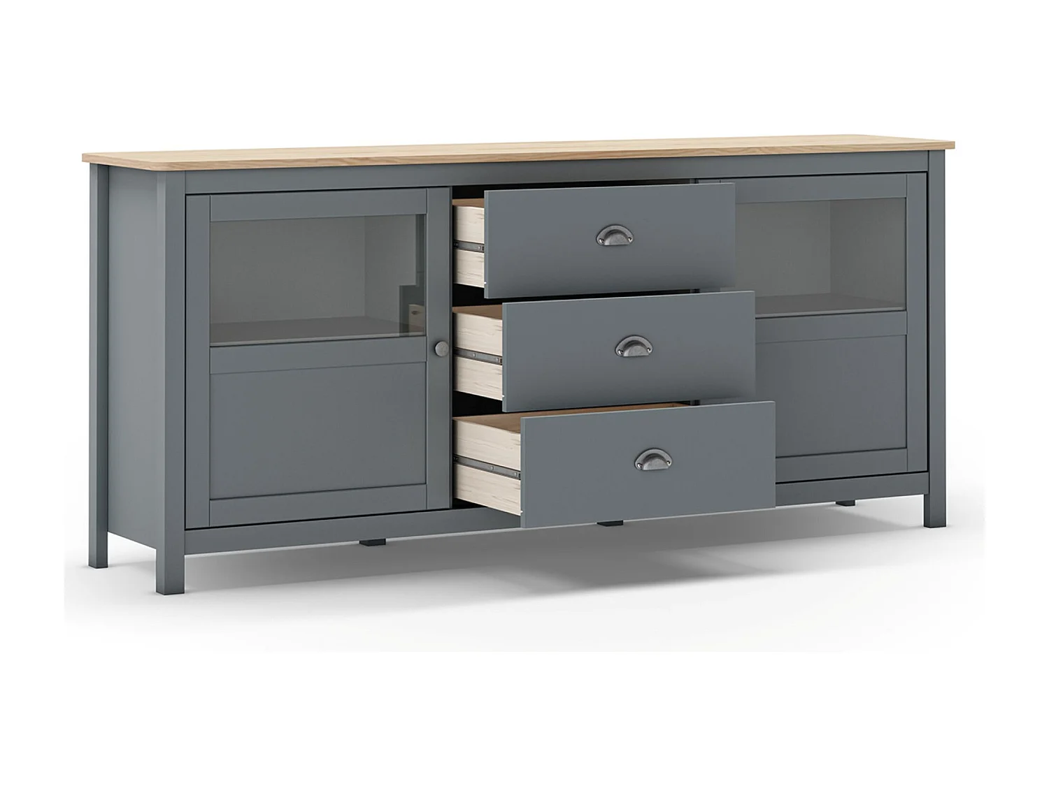 Buffet, commode de rangement avec 3 tiroirs et 2 portes en pin coloris Vert kaki, chêne - Longueur 180 x Profondeur 40 x Hauteur 80 cm