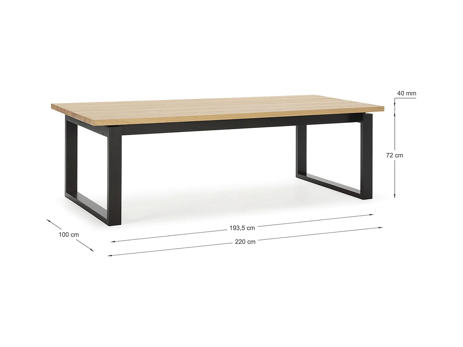 Table à manger, table de repas rectangulaire coloris chêne et pieds en métal coloris noir - Longueur 220 x Profondeur 100 x Hauteur 76 cm