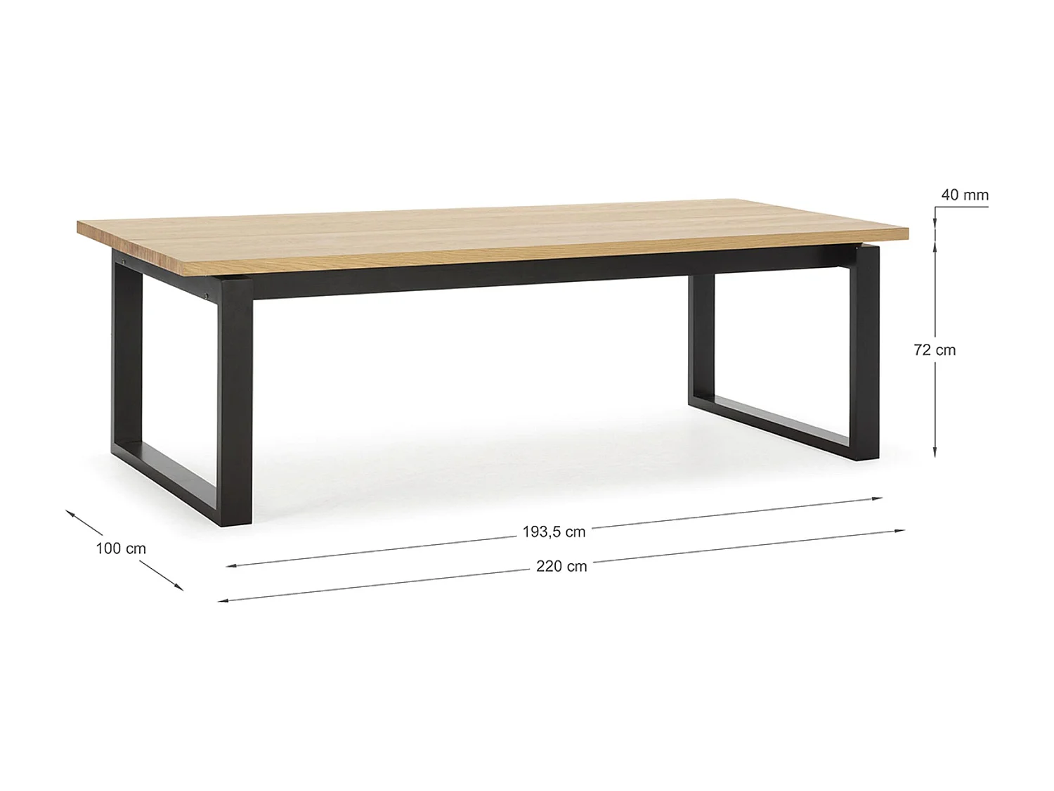 Table à manger, table de repas rectangulaire coloris chêne et pieds en métal coloris noir - Longueur 220 x Profondeur 100 x Hauteur 76 cm