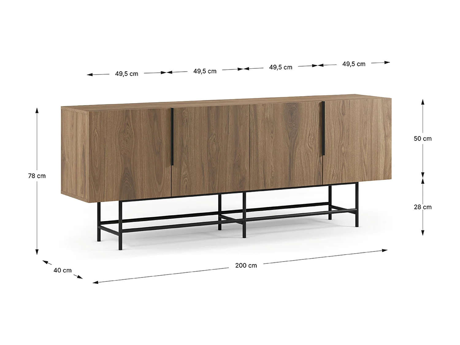 Buffet, meuble de rangement aspect bois coloris chêne et pieds en métal noir - Longueur 200 x Profondeur 40 x Hauteur 77,90 cm