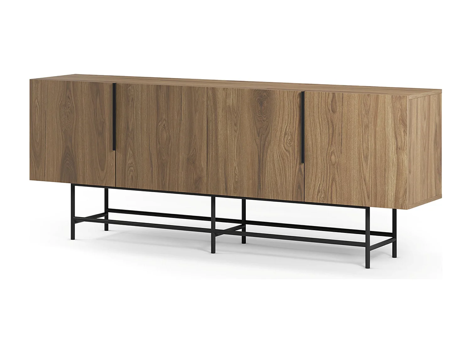 Buffet, meuble de rangement aspect bois coloris chêne et pieds en métal noir - Longueur 200 x Profondeur 40 x Hauteur 77,90 cm