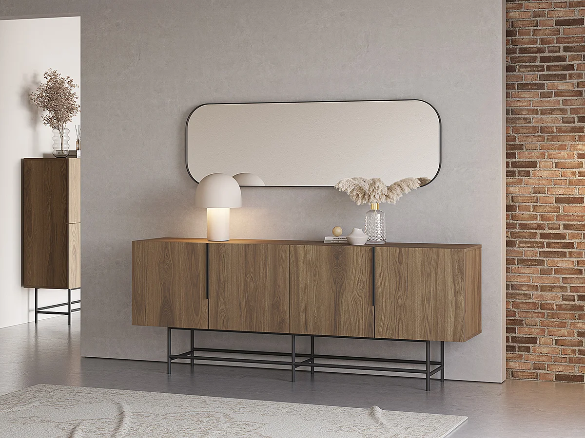 Buffet, meuble de rangement aspect bois coloris chêne et pieds en métal noir - Longueur 200 x Profondeur 40 x Hauteur 77,90 cm