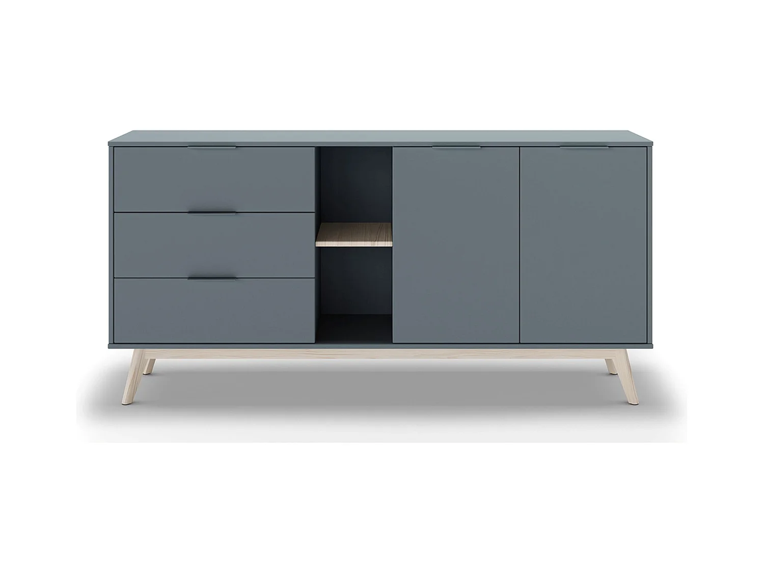 Buffet, commode rectangulaire avec 2 portes et 3 tiroirs aspect bois coloris Vert Kaki, pieds en pin coloris blanc ciré