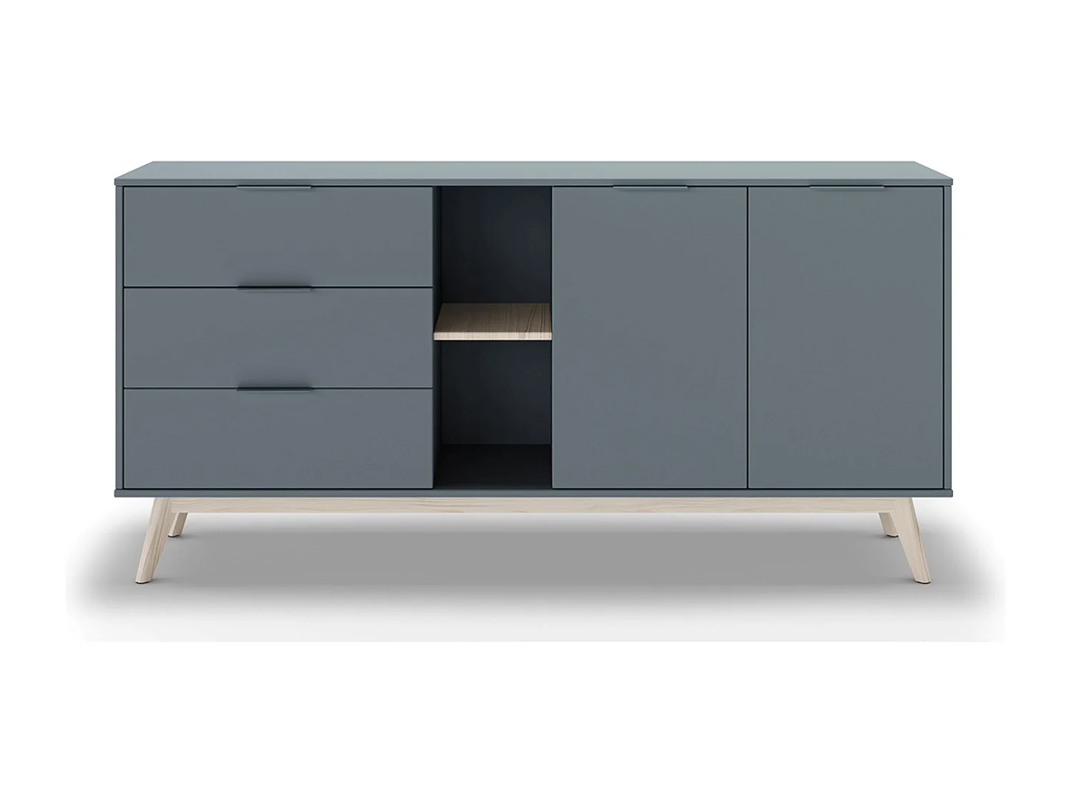 Buffet, commode rectangulaire avec 2 portes et 3 tiroirs aspect bois coloris Vert Kaki, pieds en pin coloris blanc ciré