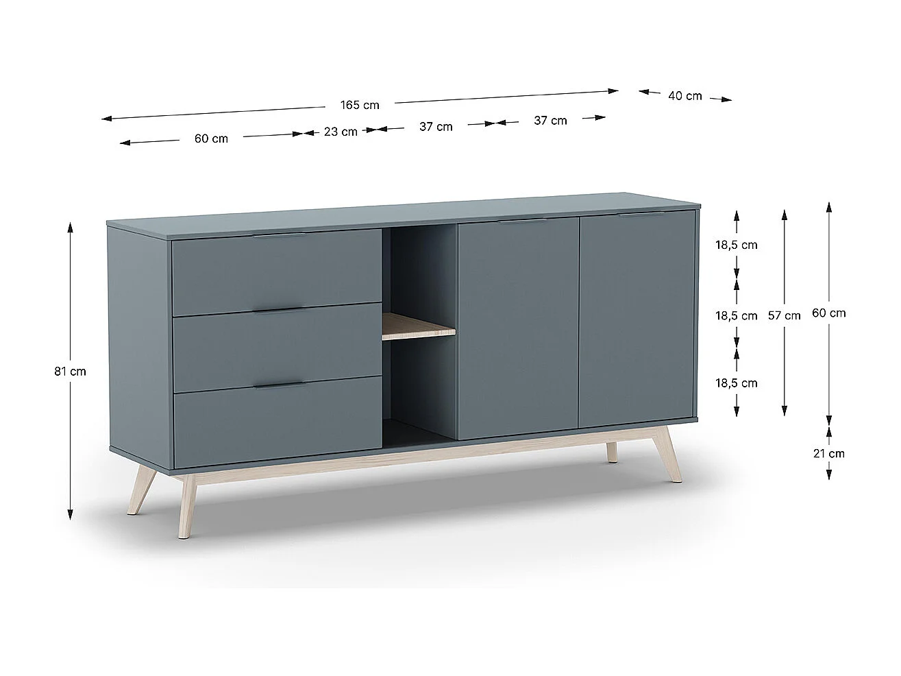 Buffet, commode rectangulaire avec 2 portes et 3 tiroirs aspect bois coloris Vert Kaki, pieds en pin coloris blanc ciré