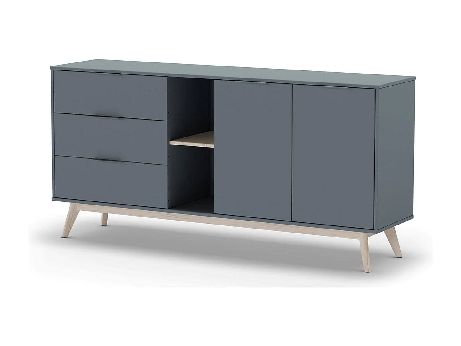 Buffet, commode rectangulaire avec 2 portes et 3 tiroirs aspect bois coloris Vert Kaki, pieds en pin coloris blanc ciré