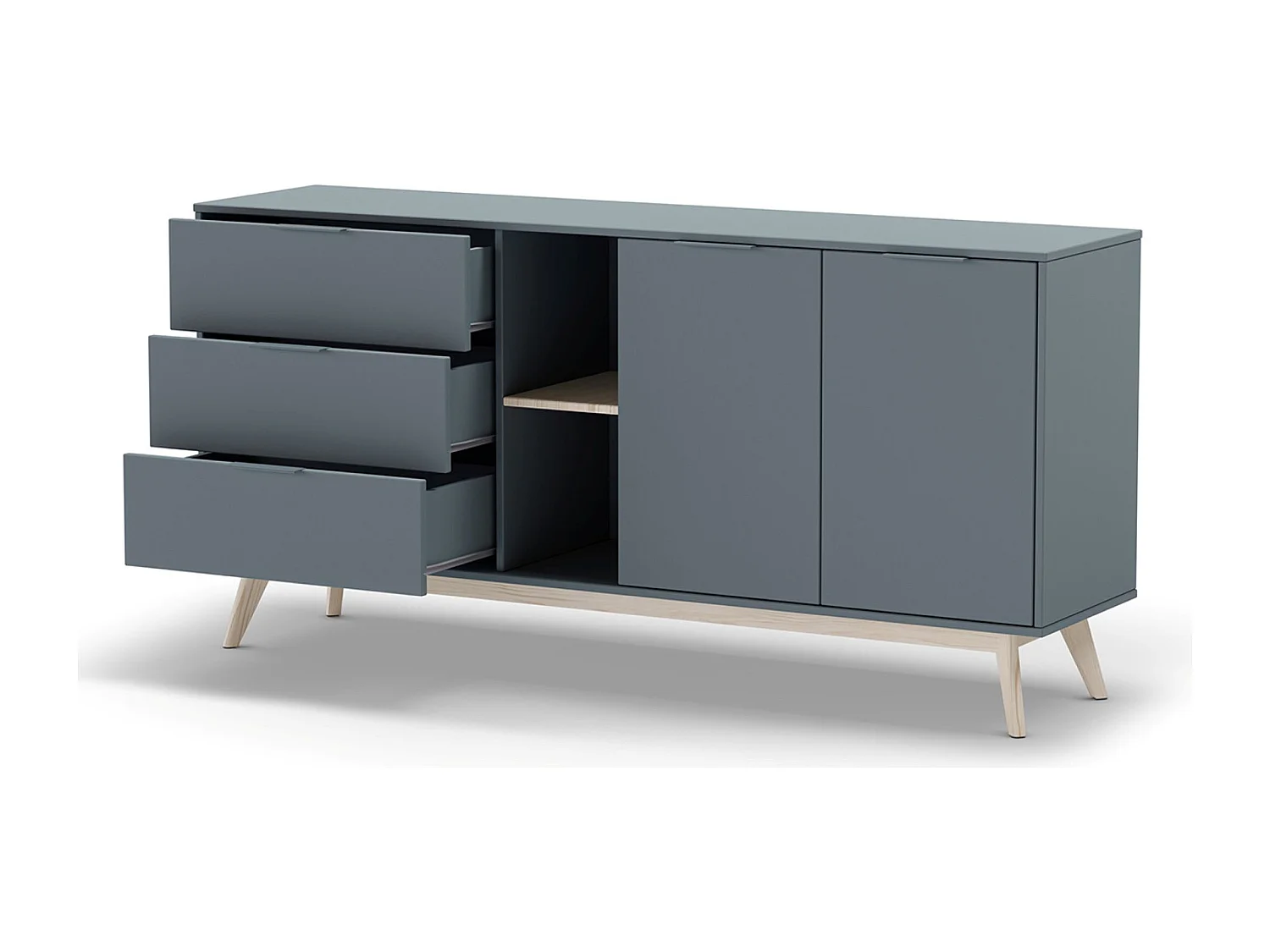 Buffet, commode rectangulaire avec 2 portes et 3 tiroirs aspect bois coloris Vert Kaki, pieds en pin coloris blanc ciré