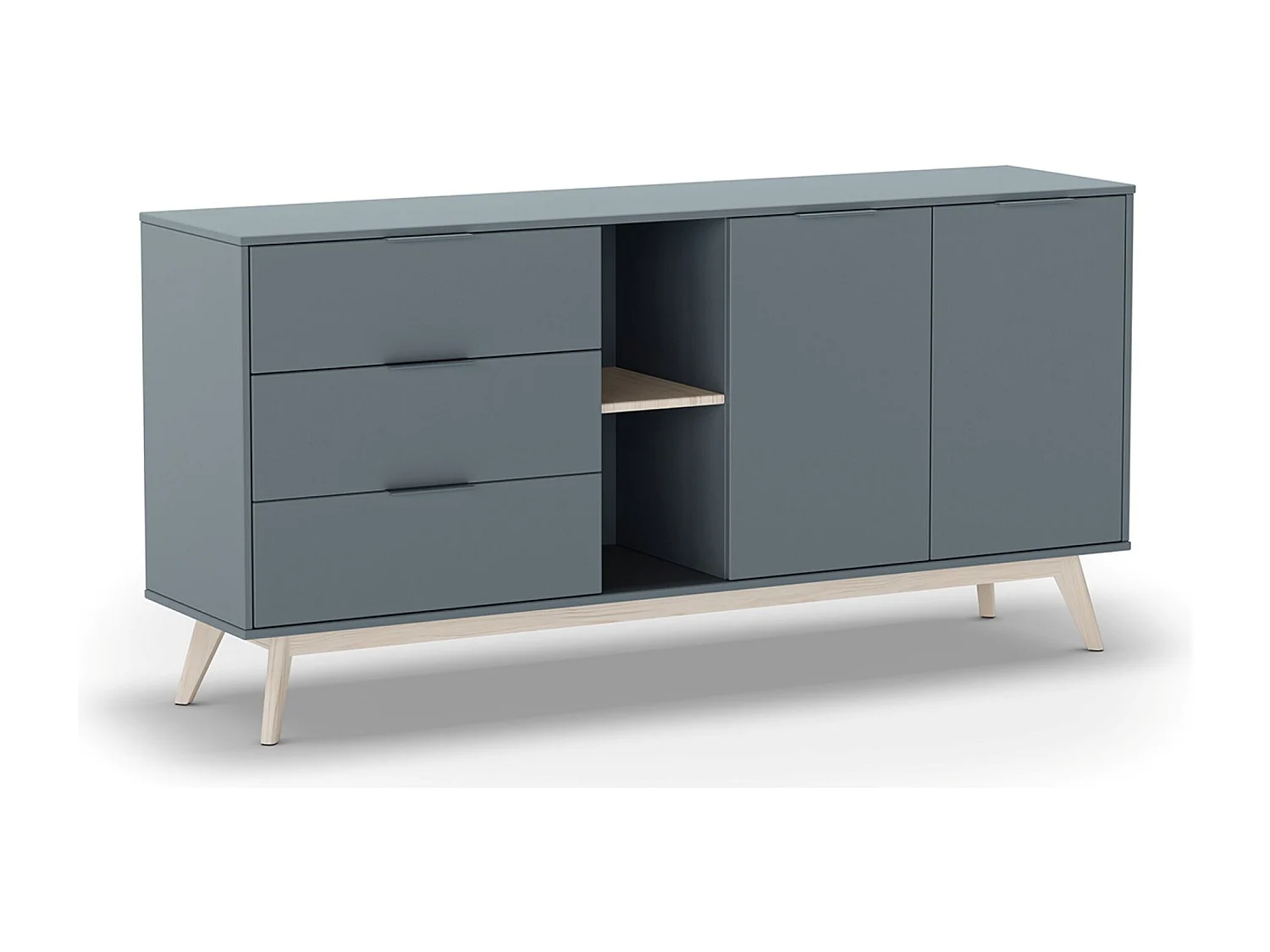 Buffet, commode rectangulaire avec 2 portes et 3 tiroirs aspect bois coloris Vert Kaki, pieds en pin coloris blanc ciré