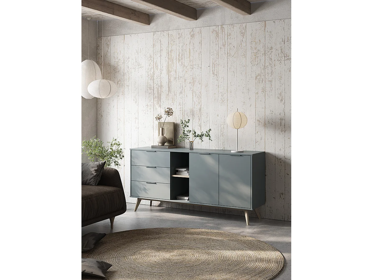 Buffet, commode rectangulaire avec 2 portes et 3 tiroirs aspect bois coloris Vert Kaki, pieds en pin coloris blanc ciré