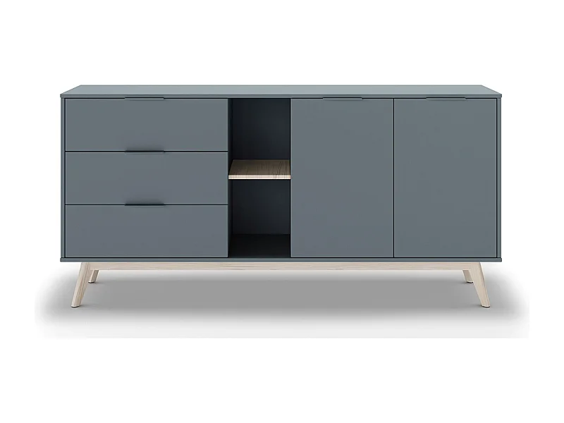 Buffet, commode rectangulaire avec 2 portes et 3 tiroirs aspect bois coloris Vert Kaki, pieds en pin coloris blanc ciré