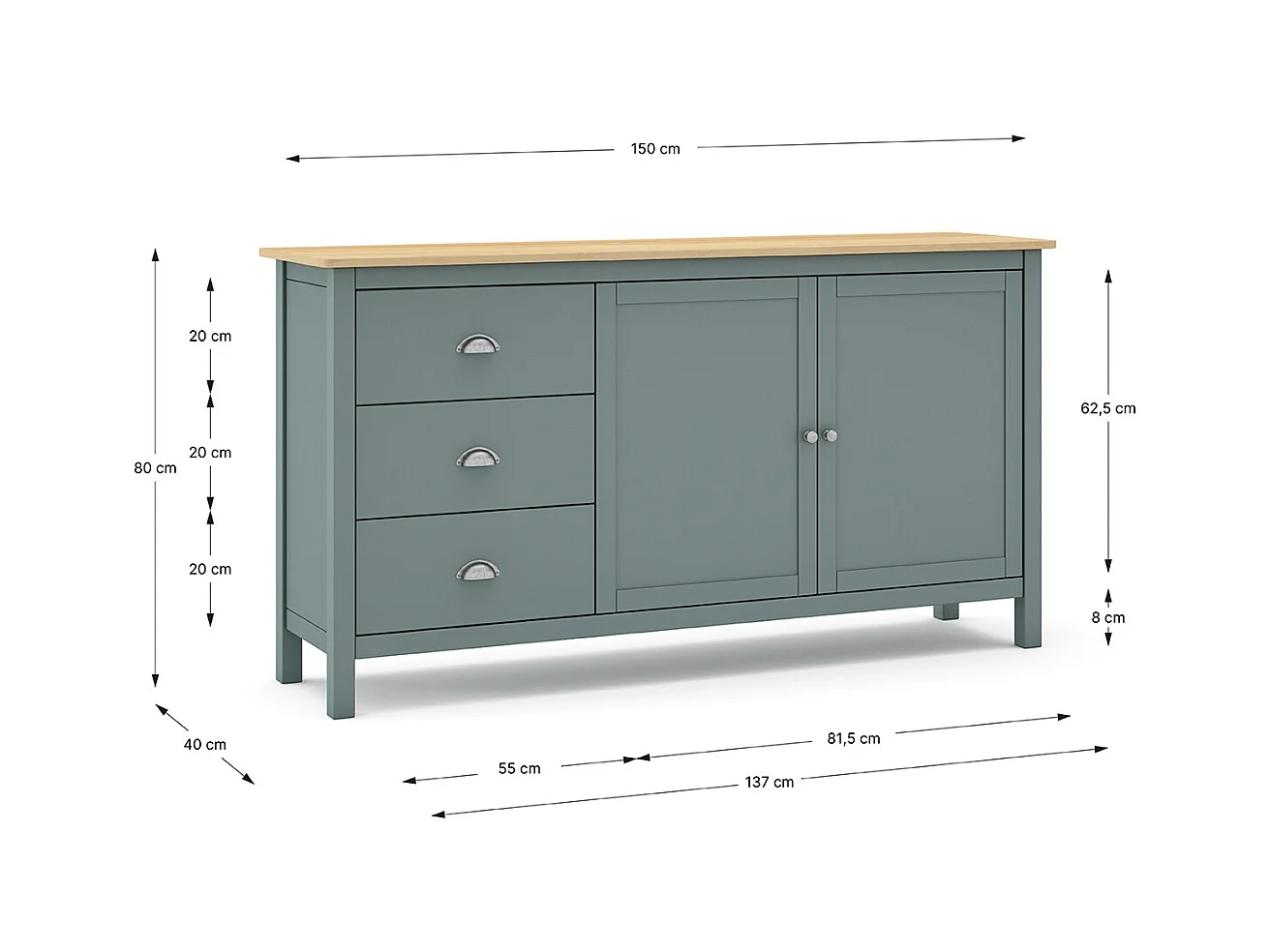 Buffet,commode avec 2 portes et 3 tiroirs coloris vert kaki, chêne - Longueur 150 x Profondeur 40 x Hauteur 80,5 cm