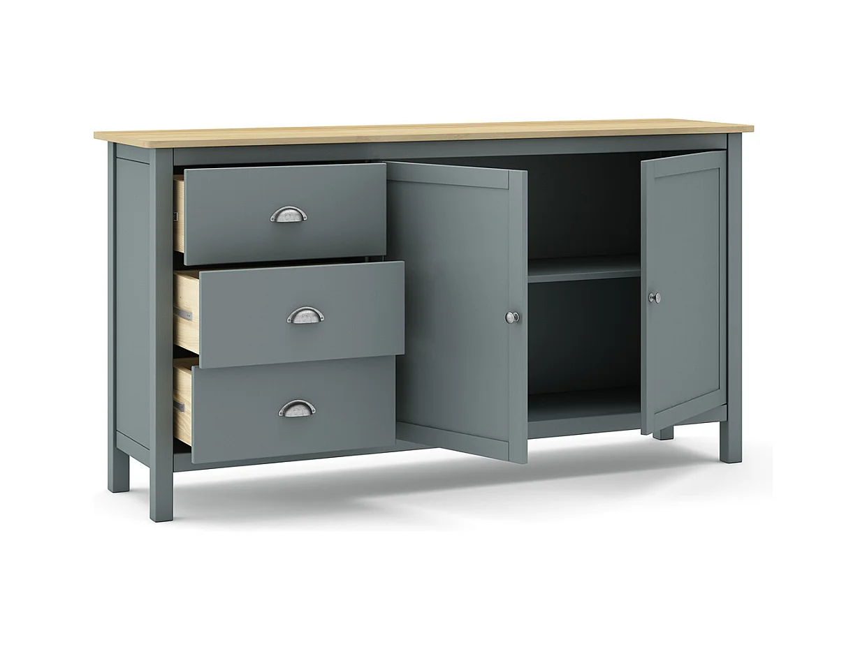 Buffet,commode avec 2 portes et 3 tiroirs coloris vert kaki, chêne - Longueur 150 x Profondeur 40 x Hauteur 80,5 cm