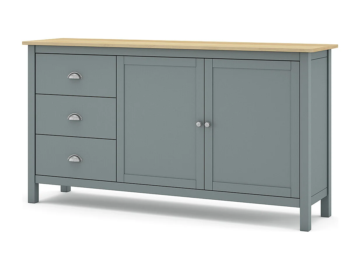 Buffet,commode avec 2 portes et 3 tiroirs coloris vert kaki, chêne - Longueur 150 x Profondeur 40 x Hauteur 80,5 cm