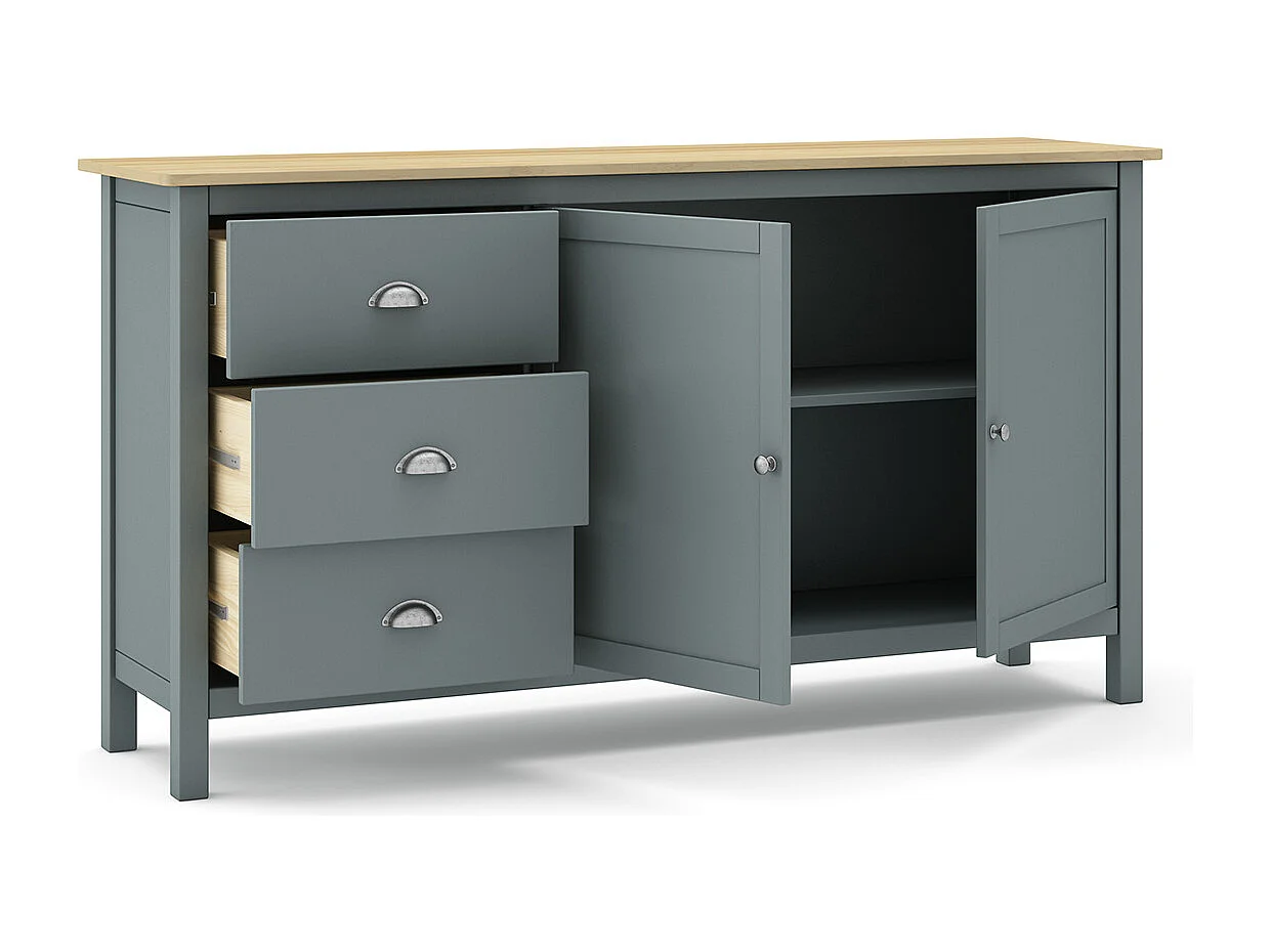 Buffet,commode avec 2 portes et 3 tiroirs coloris vert kaki, chêne - Longueur 150 x Profondeur 40 x Hauteur 80,5 cm