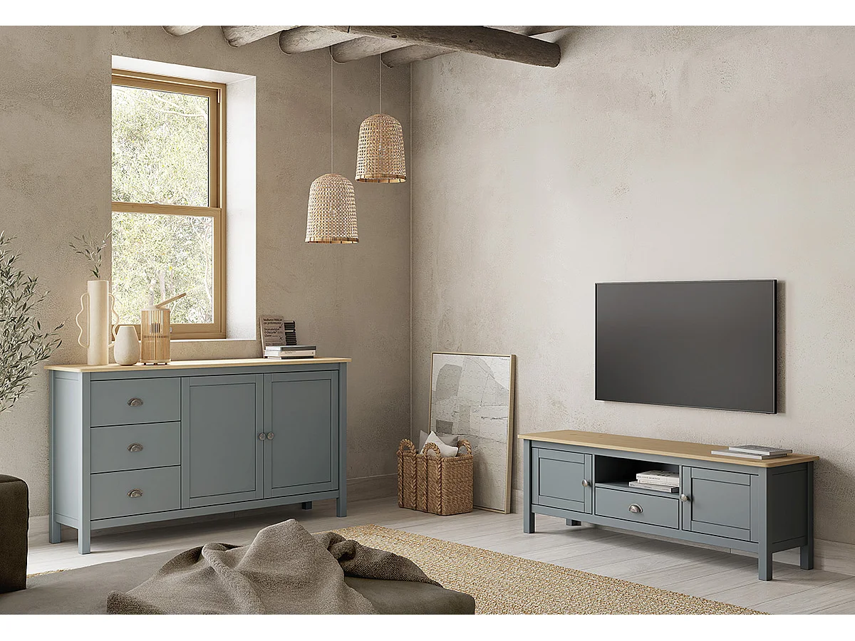 Buffet,commode avec 2 portes et 3 tiroirs coloris vert kaki, chêne - Longueur 150 x Profondeur 40 x Hauteur 80,5 cm