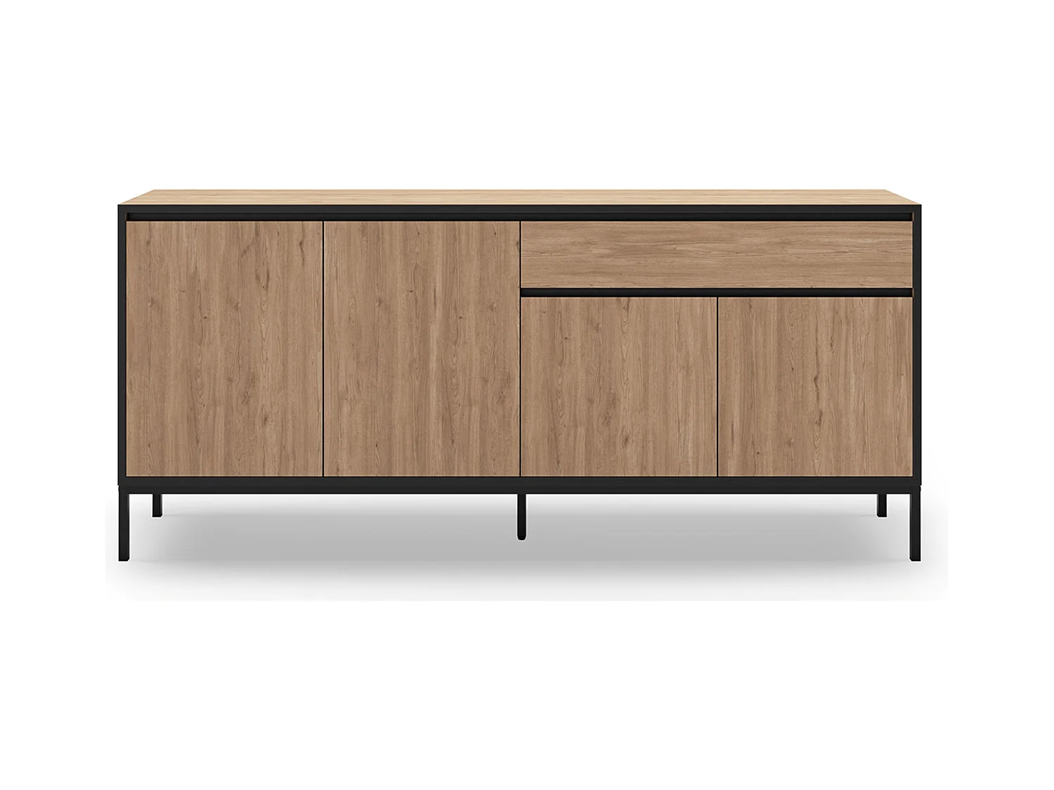 Buffet, commode basse avec 4 portes et 1 tiroir aspect bois coloris chêne et pieds en métal noir - Longueur 180 x Profondeur 40 x Hauteur 80 cm