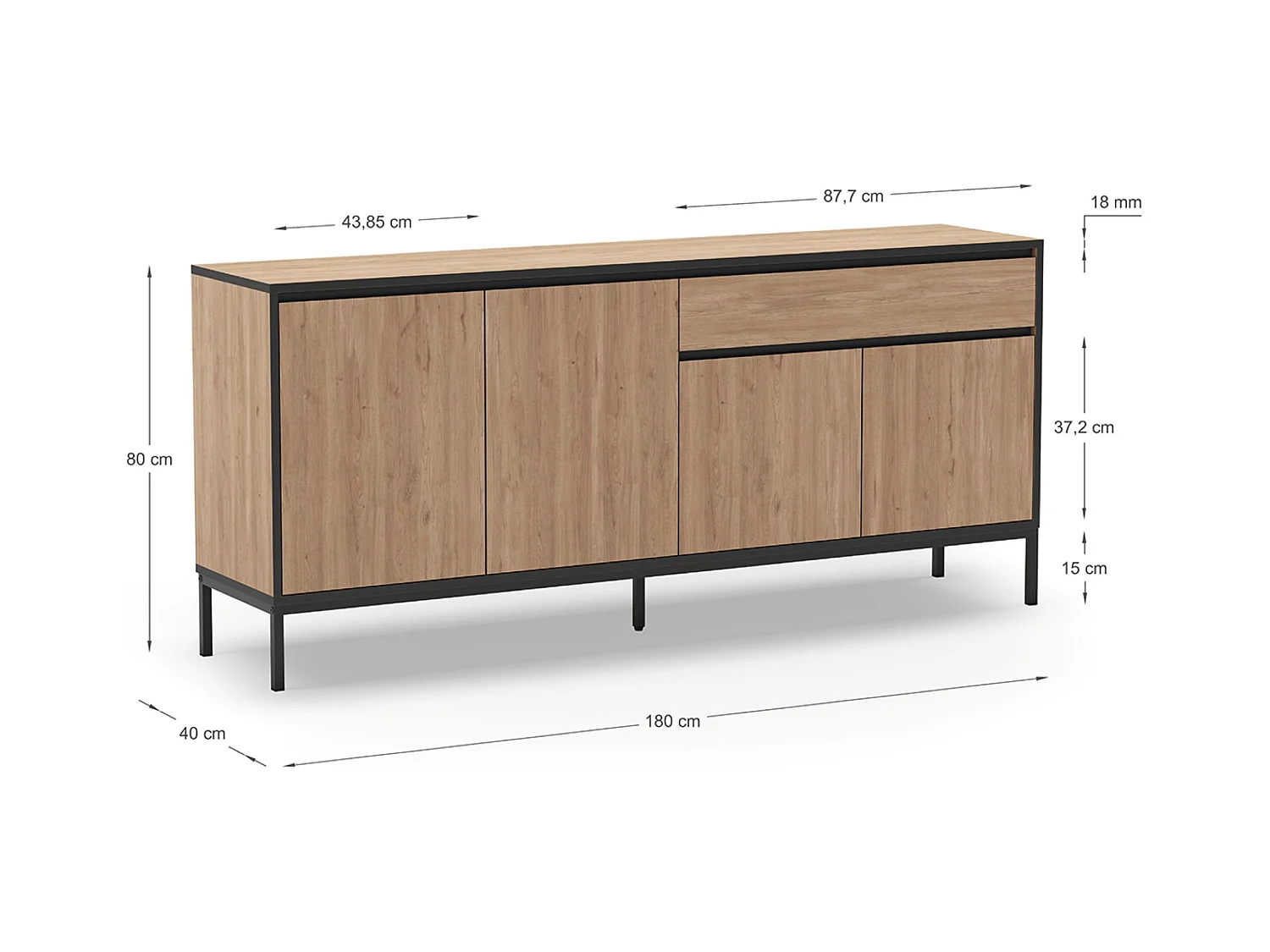 Buffet, commode basse avec 4 portes et 1 tiroir aspect bois coloris chêne et pieds en métal noir - Longueur 180 x Profondeur 40 x Hauteur 80 cm