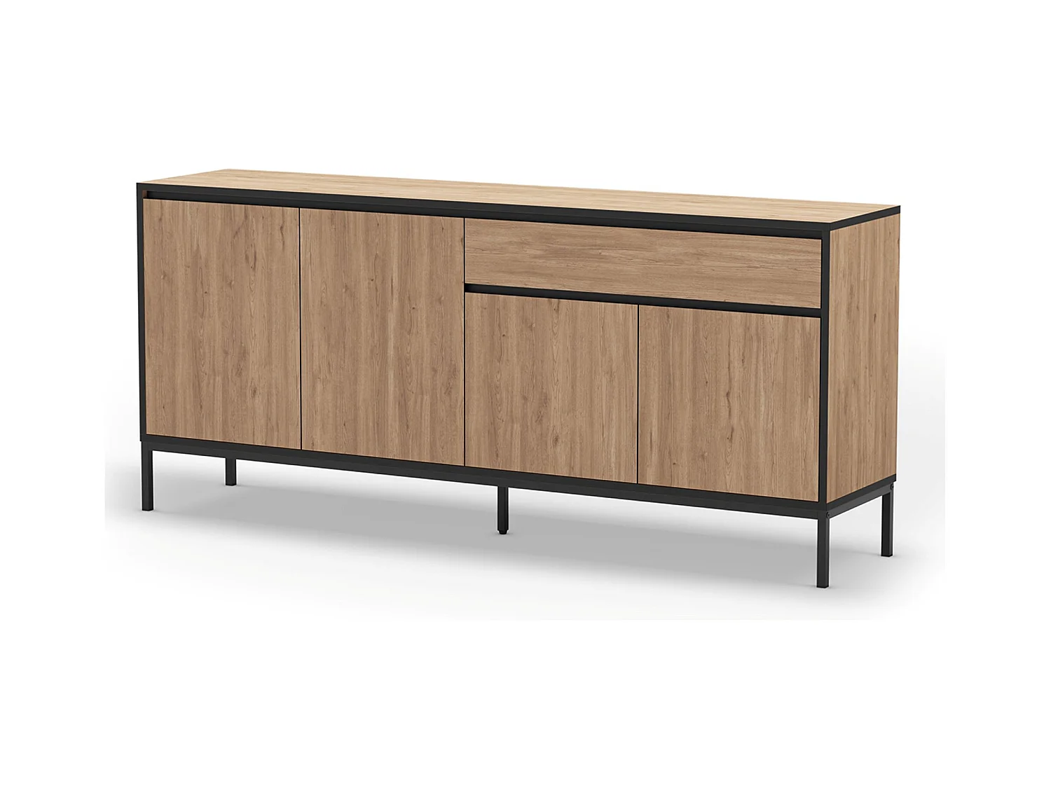 Buffet, commode basse avec 4 portes et 1 tiroir aspect bois coloris chêne et pieds en métal noir - Longueur 180 x Profondeur 40 x Hauteur 80 cm