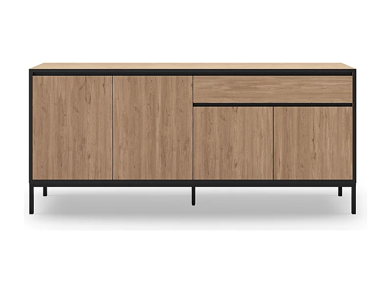 Buffet, commode basse avec 4 portes et 1 tiroir aspect bois coloris chêne et pieds en métal noir - Longueur 180 x Profondeur 40 x Hauteur 80 cm