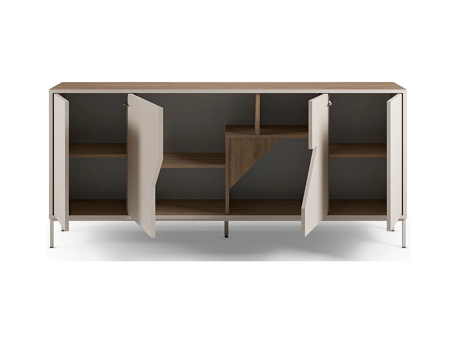 Buffet, commode de rangement avec 4 portes aspect bois coloris chêne, crème - Longueur 180 x Profondeur 40 x Hauteur 80 cm
