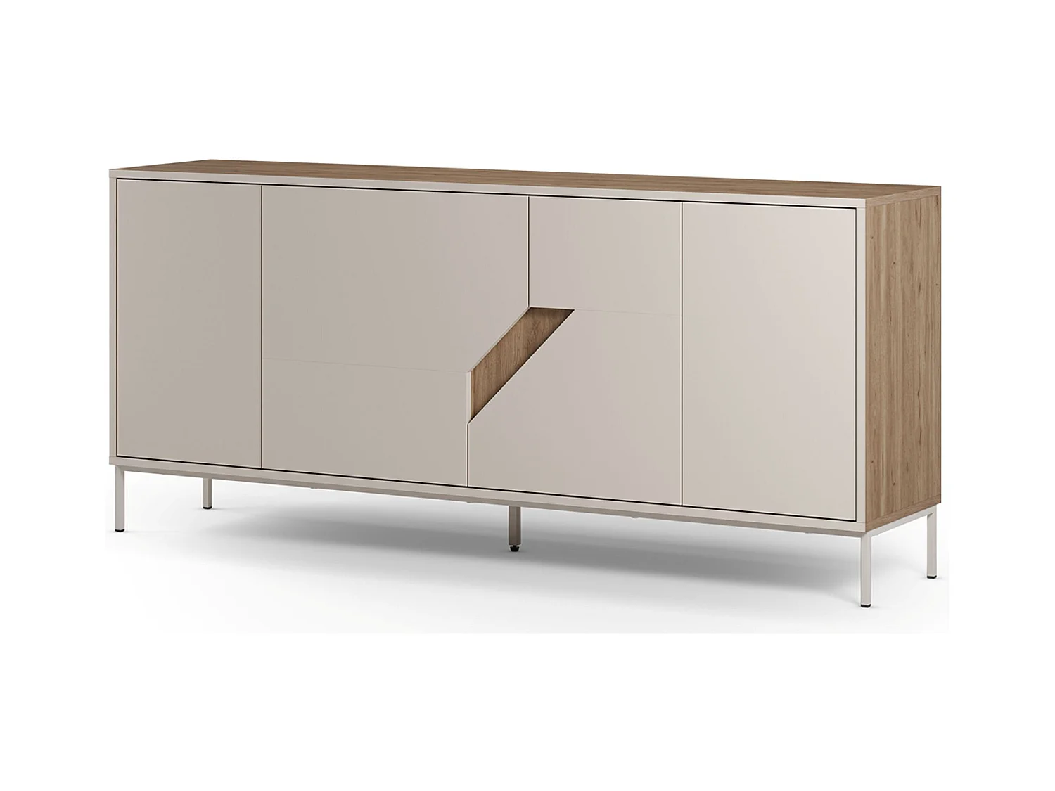 Buffet, commode de rangement avec 4 portes aspect bois coloris chêne, crème - Longueur 180 x Profondeur 40 x Hauteur 80 cm